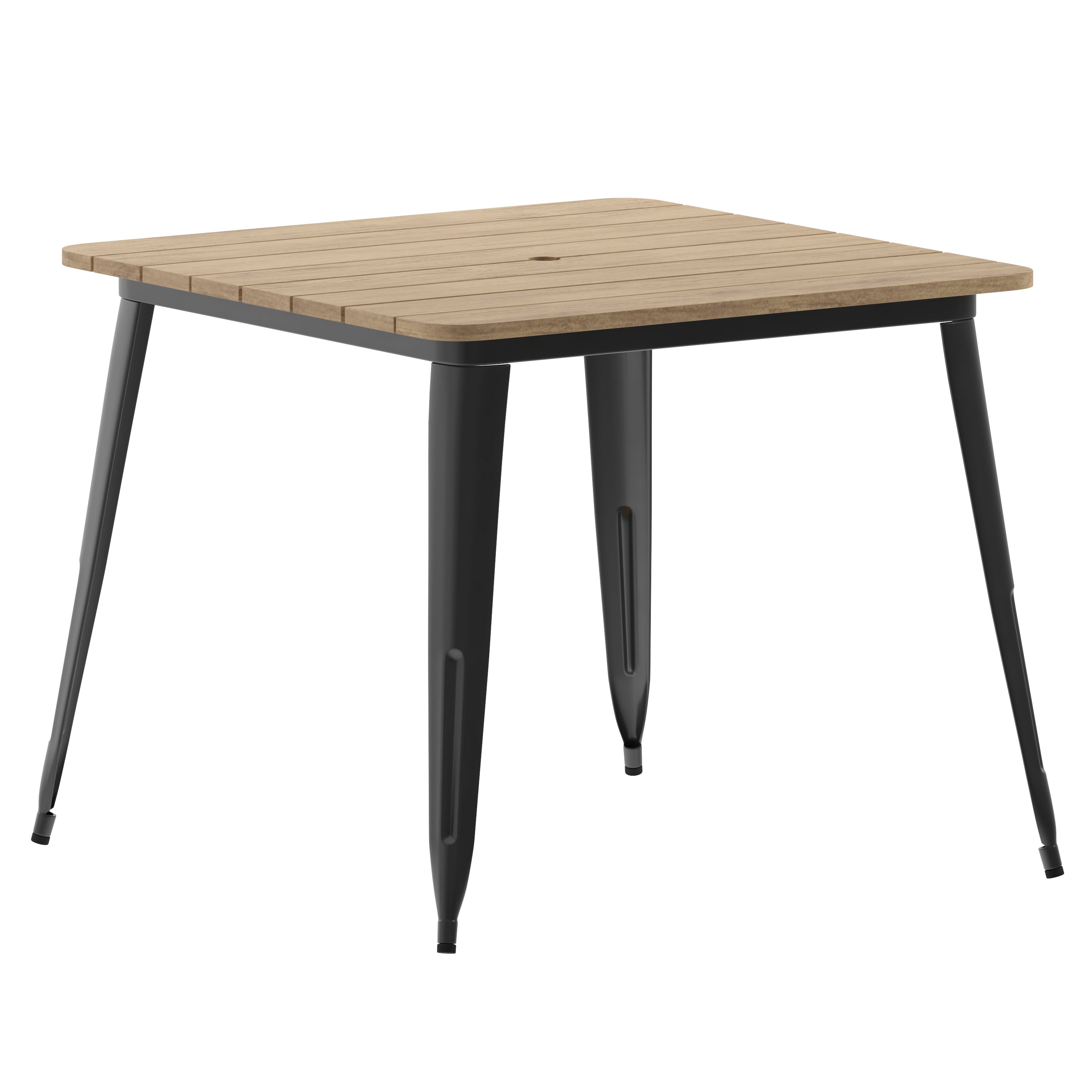 Declan Commercial Indoor/Outdoor Dining Table with Umbrella Hole, 36" Square All Weather Brown Poly Resin Top and Black Steel Base