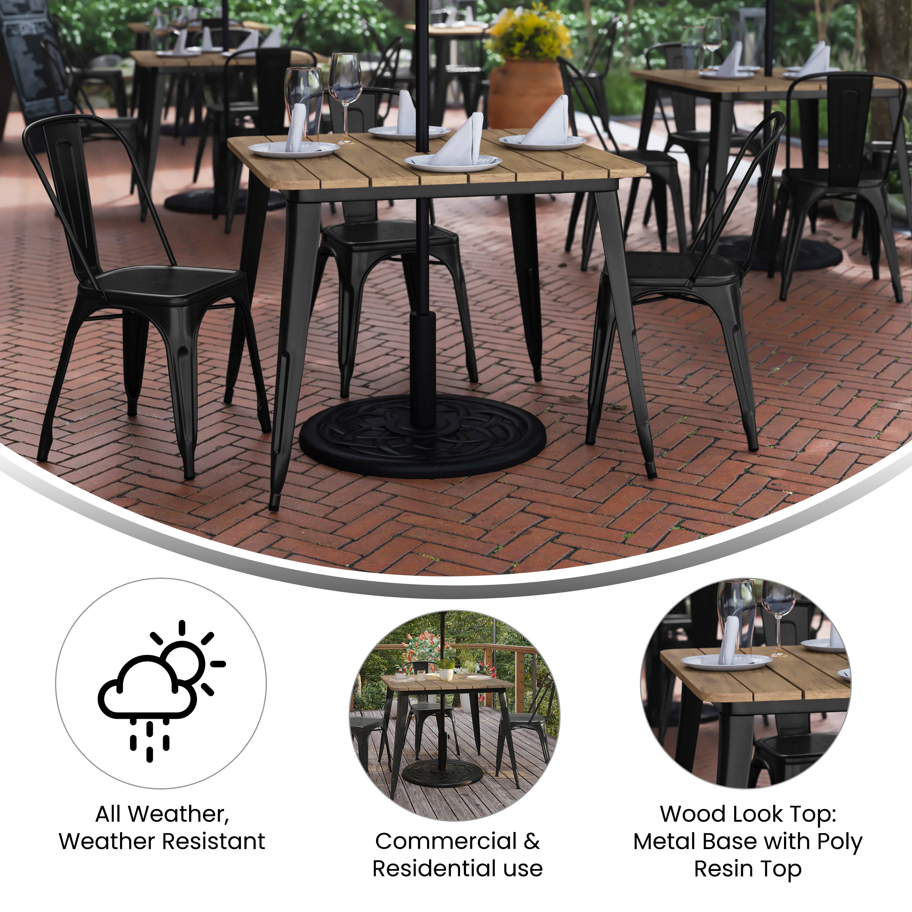 Declan Commercial Indoor/Outdoor Dining Table with Umbrella Hole, 36" Square All Weather Brown Poly Resin Top and Black Steel Base