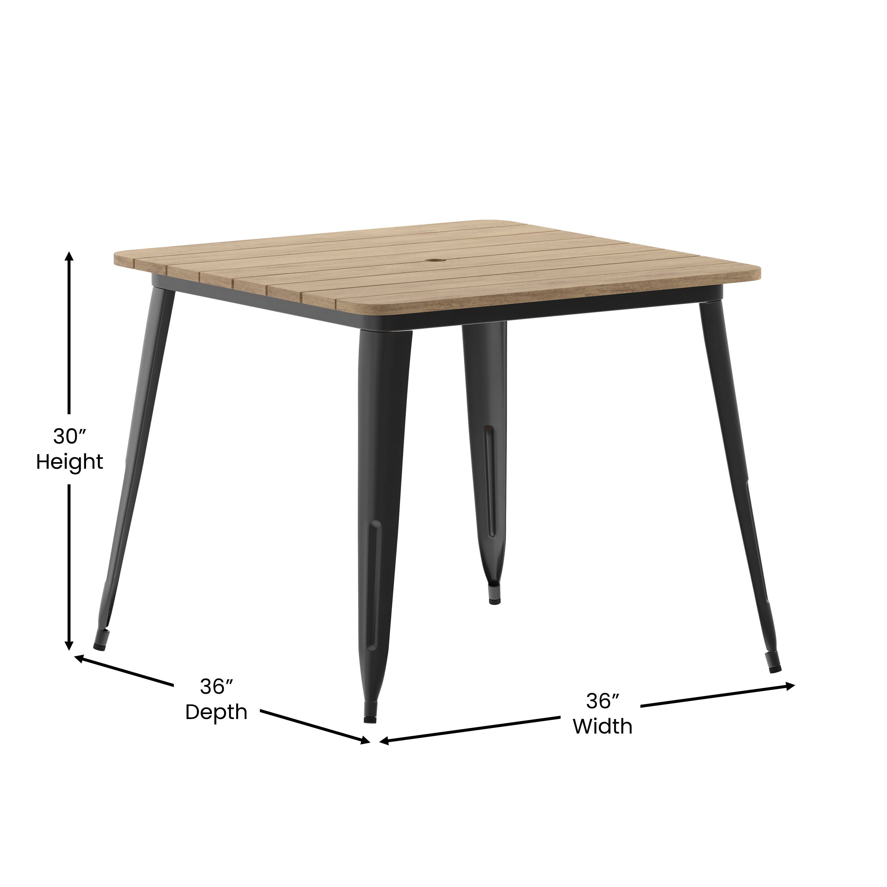 Declan Commercial Indoor/Outdoor Dining Table with Umbrella Hole, 36" Square All Weather Brown Poly Resin Top and Black Steel Base