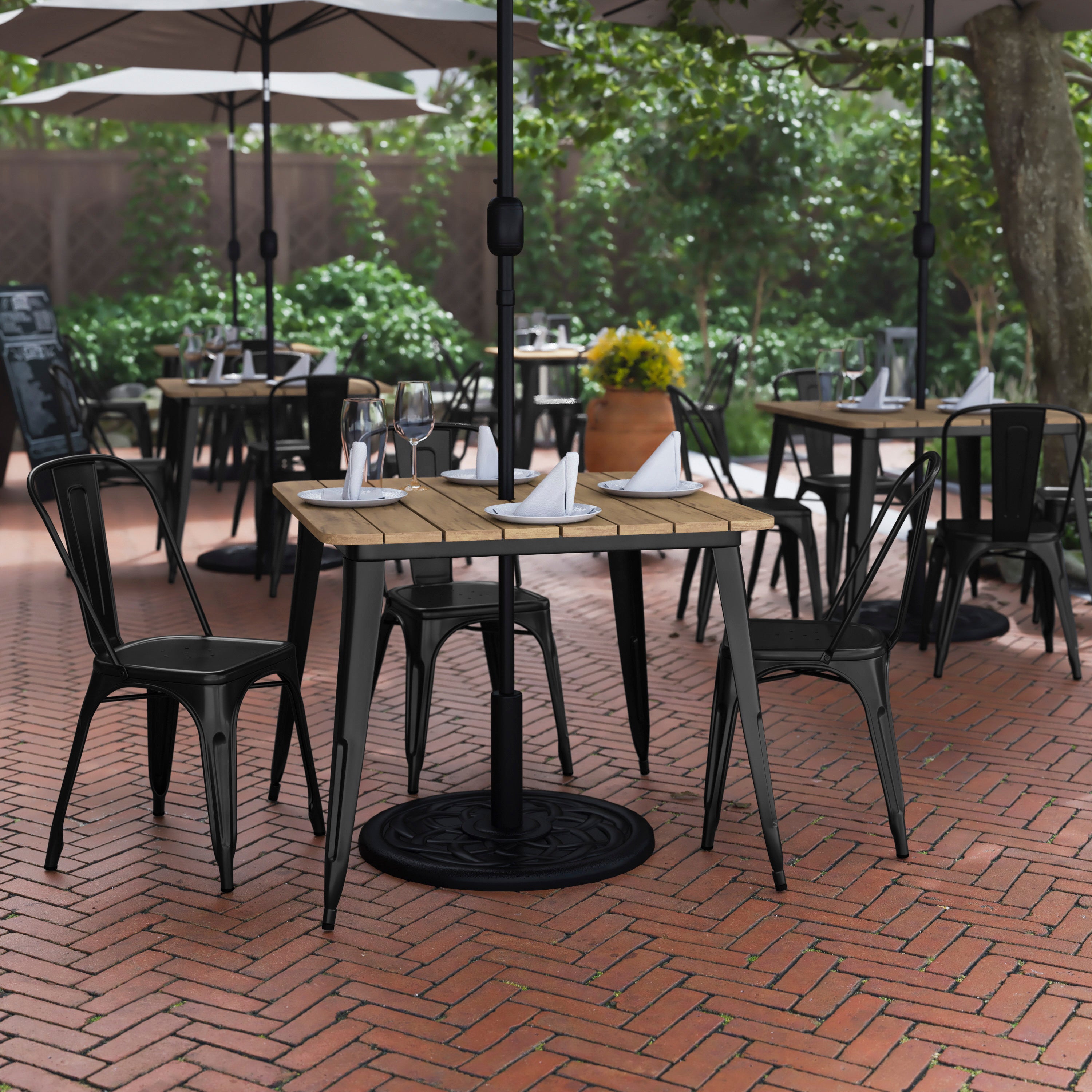 Declan Commercial Indoor/Outdoor Dining Table with Umbrella Hole, 36" Square All Weather Brown Poly Resin Top and Black Steel Base