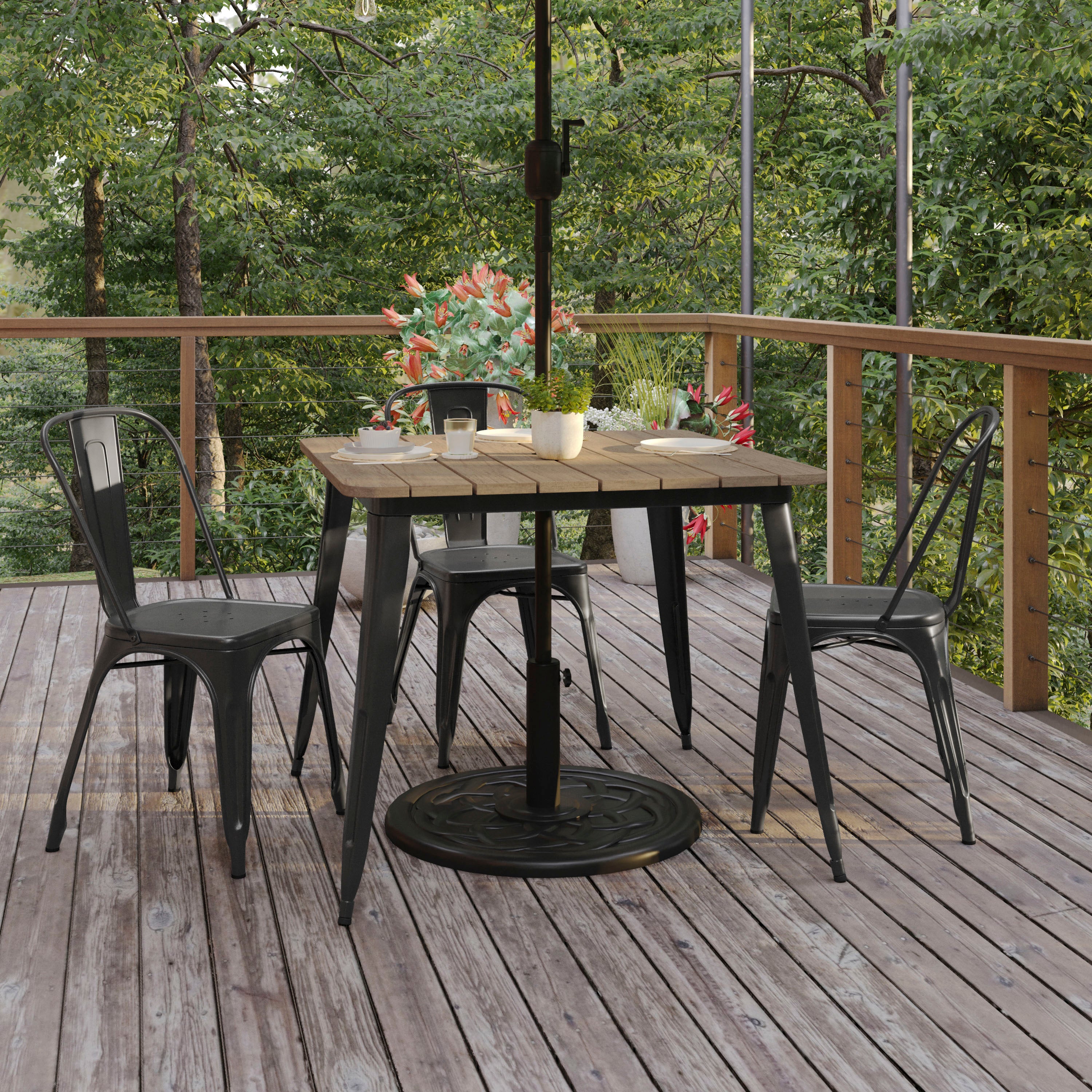 Declan Commercial Indoor/Outdoor Dining Table with Umbrella Hole, 36" Square All Weather Brown Poly Resin Top and Black Steel Base