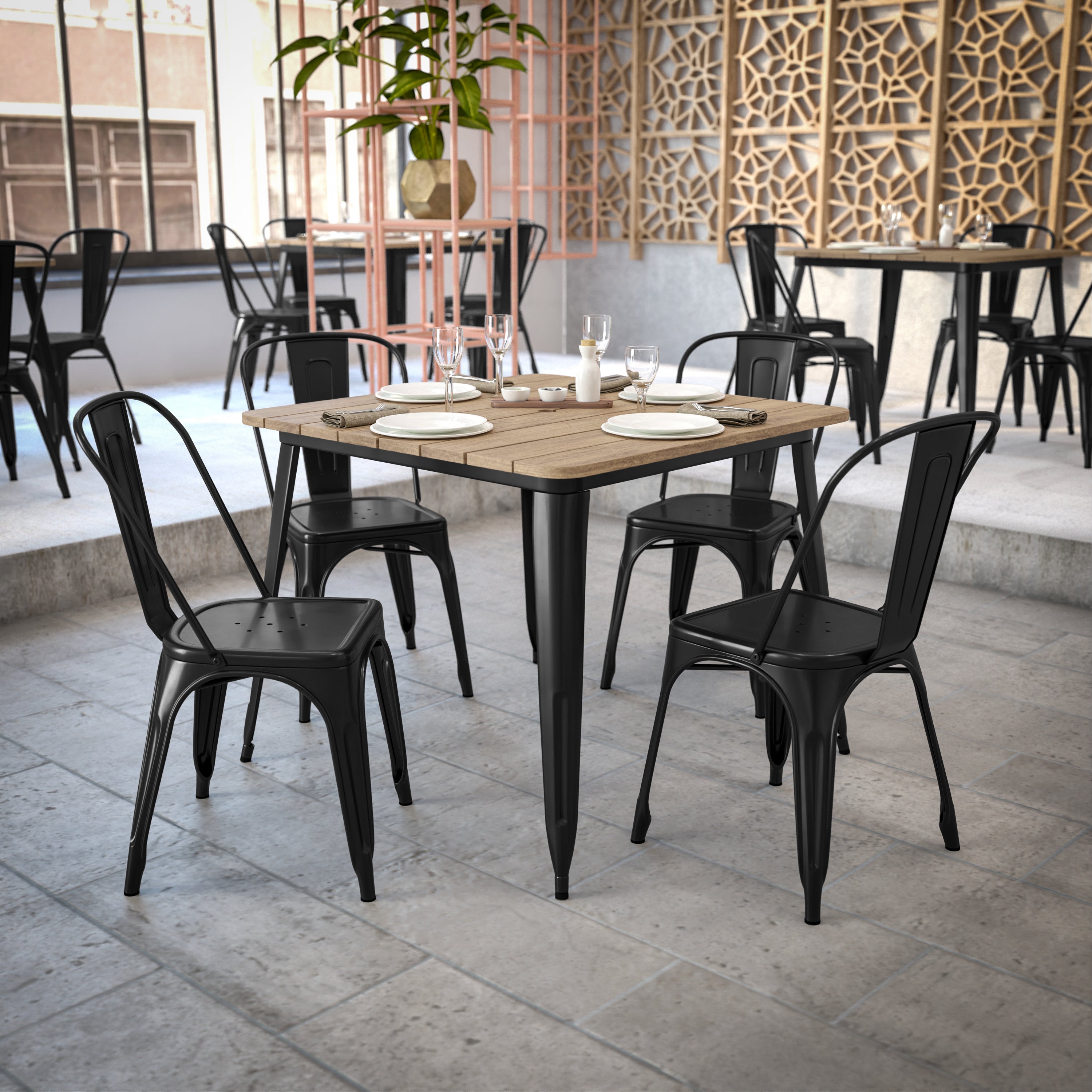 Declan Commercial Indoor/Outdoor Dining Table with Umbrella Hole, 36" Square All Weather Brown Poly Resin Top and Black Steel Base