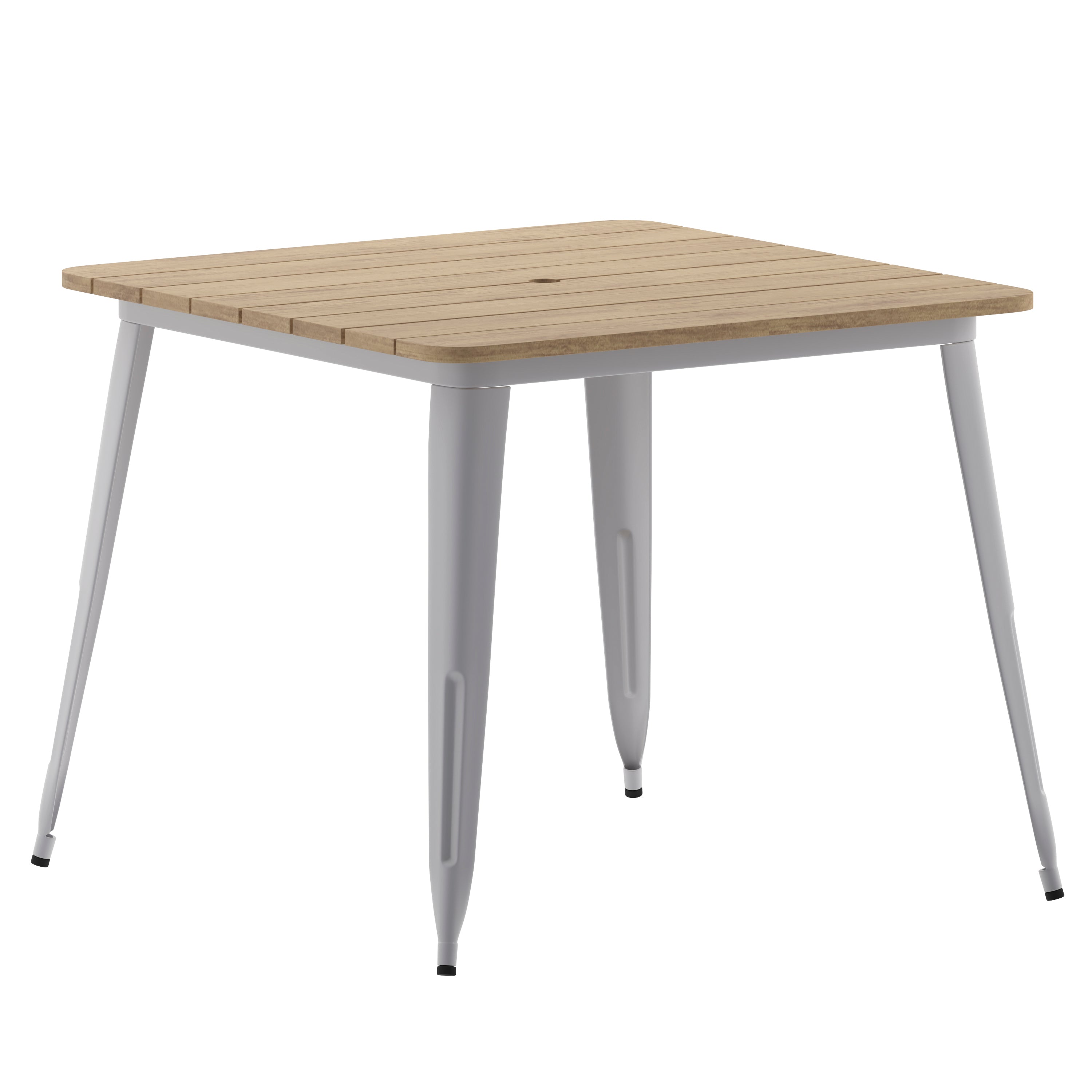 Declan Commercial Indoor/Outdoor Dining Table with Umbrella Hole, 36" Square All Weather Brown Poly Resin Top and Silver Steel Base