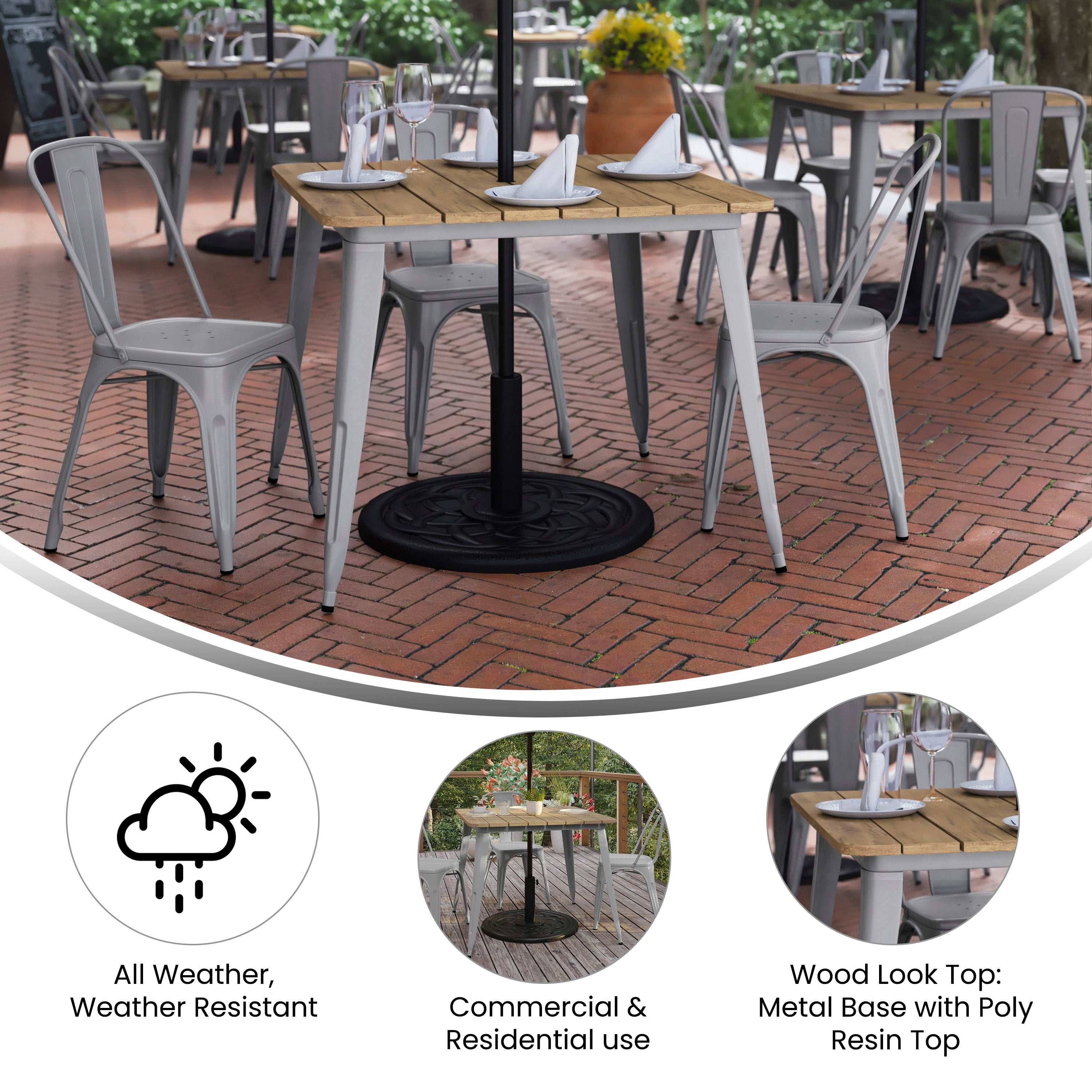 Declan Commercial Indoor/Outdoor Dining Table with Umbrella Hole, 36" Square All Weather Brown Poly Resin Top and Silver Steel Base