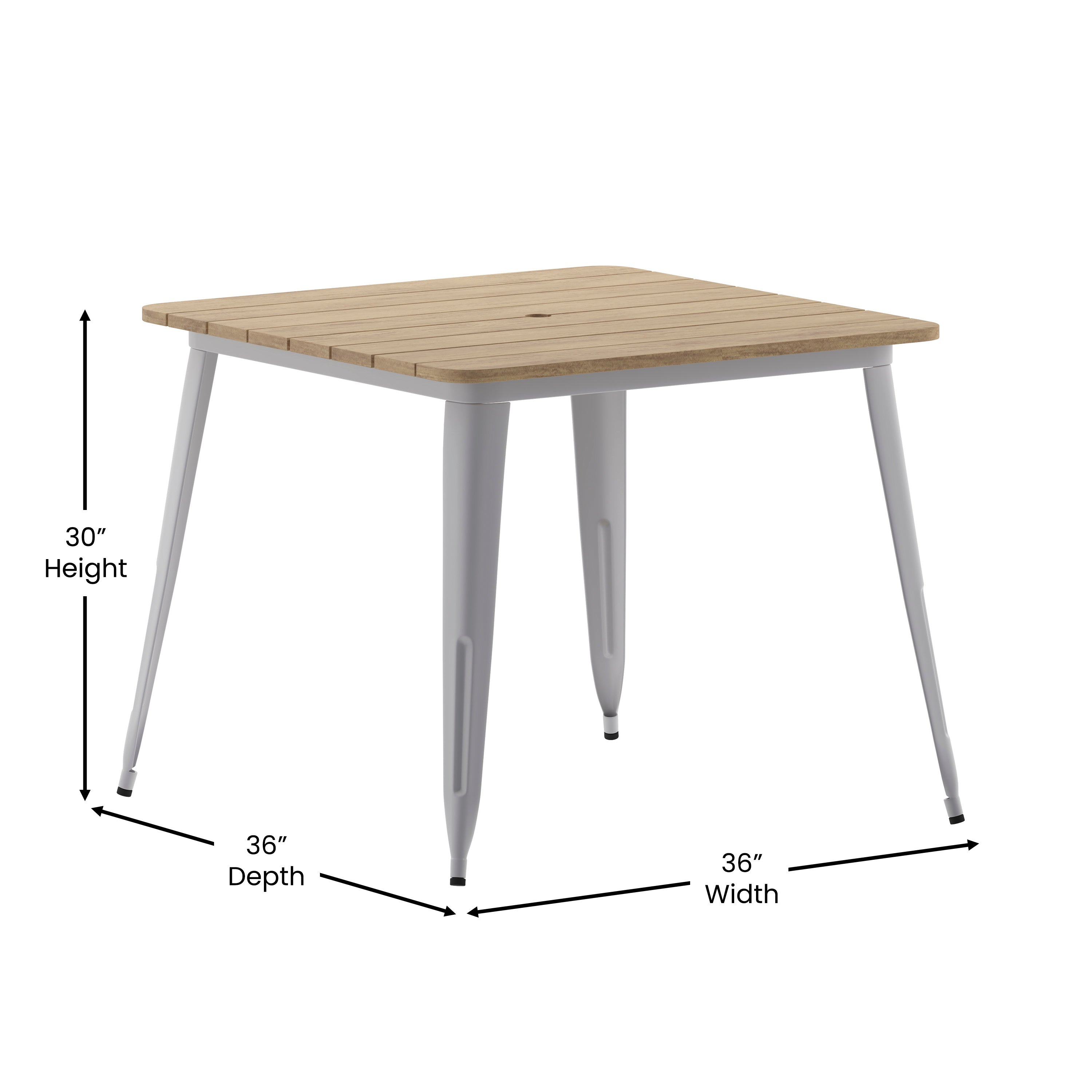 Declan Commercial Indoor/Outdoor Dining Table with Umbrella Hole, 36" Square All Weather Brown Poly Resin Top and Silver Steel Base