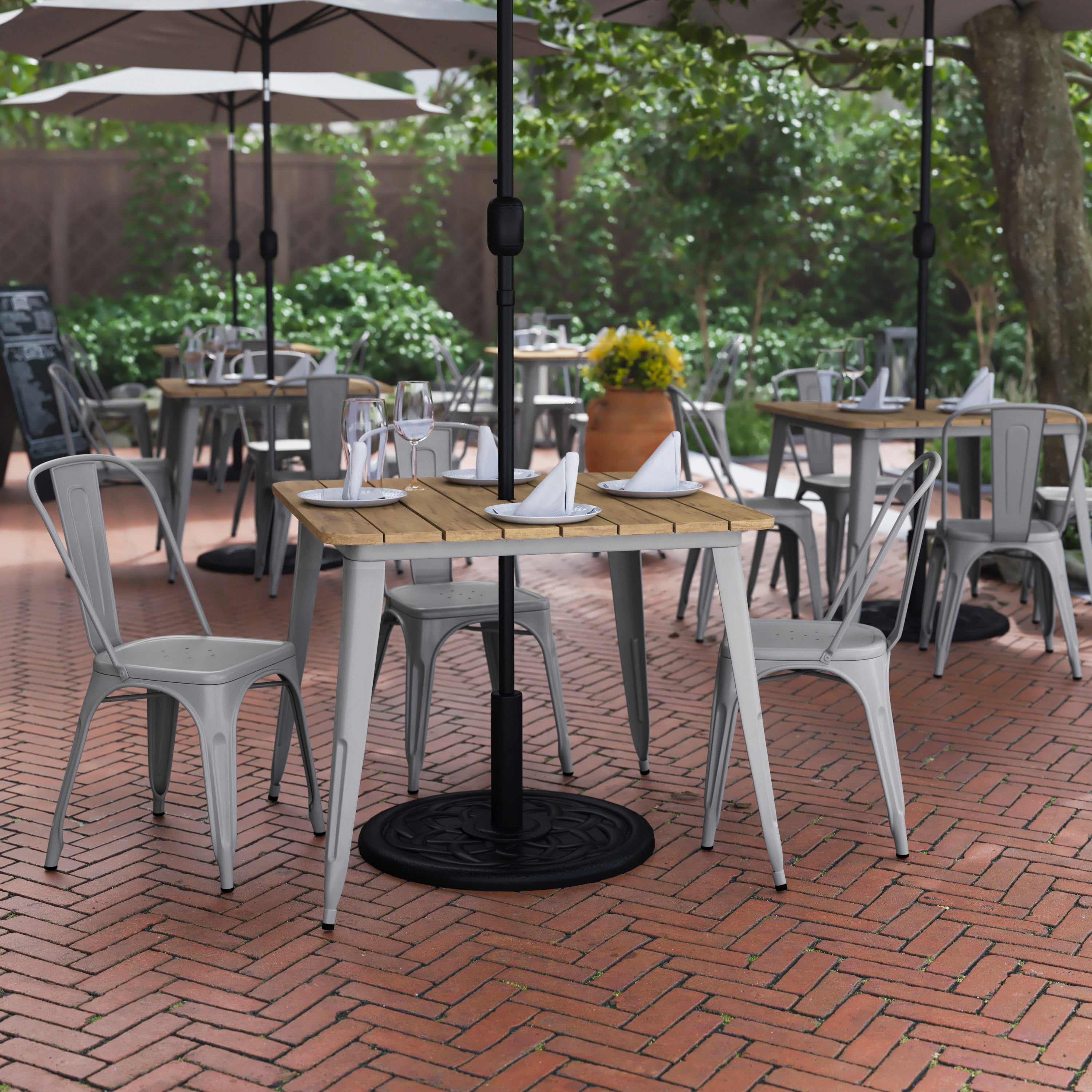 Declan Commercial Indoor/Outdoor Dining Table with Umbrella Hole, 36" Square All Weather Brown Poly Resin Top and Silver Steel Base