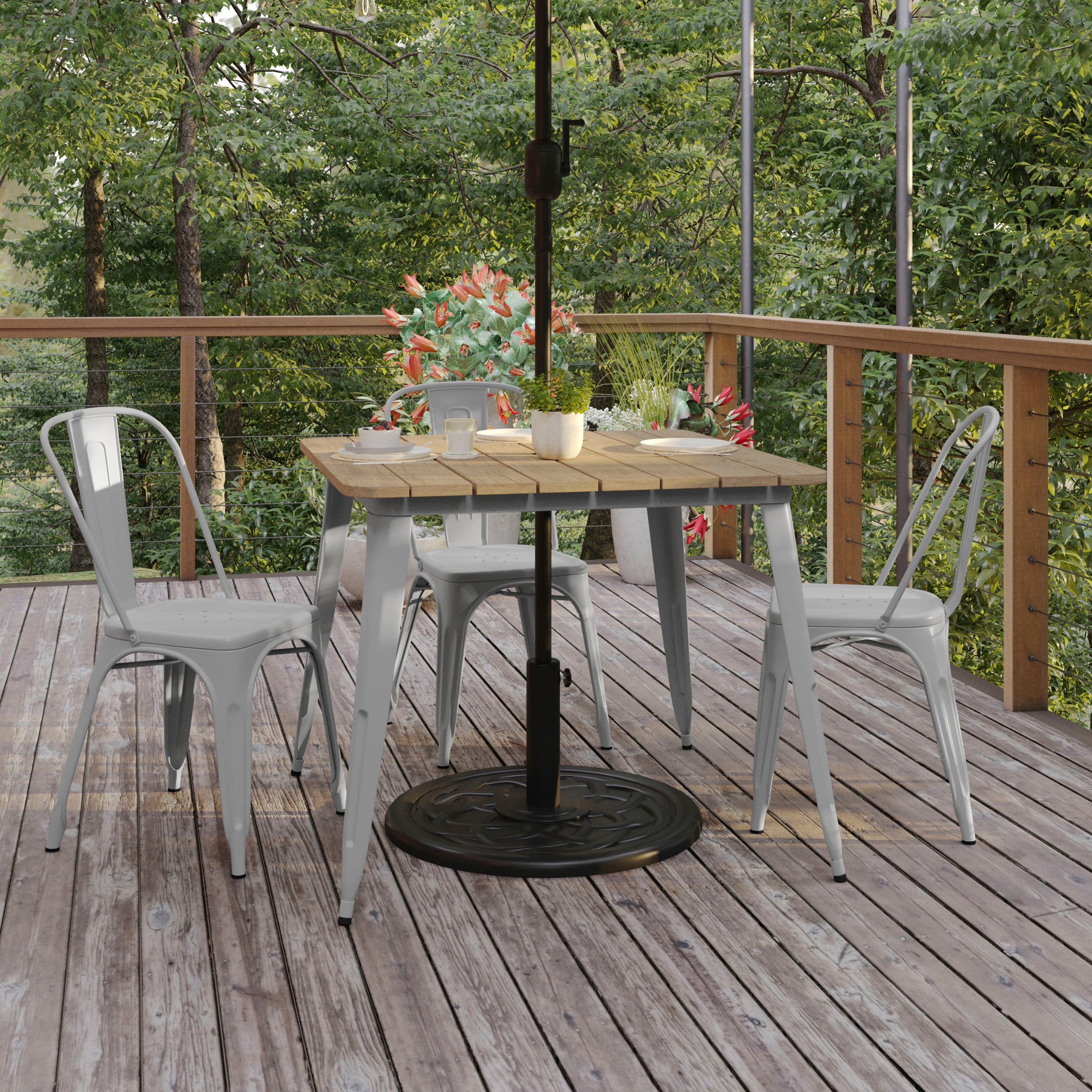 Declan Commercial Indoor/Outdoor Dining Table with Umbrella Hole, 36" Square All Weather Brown Poly Resin Top and Silver Steel Base