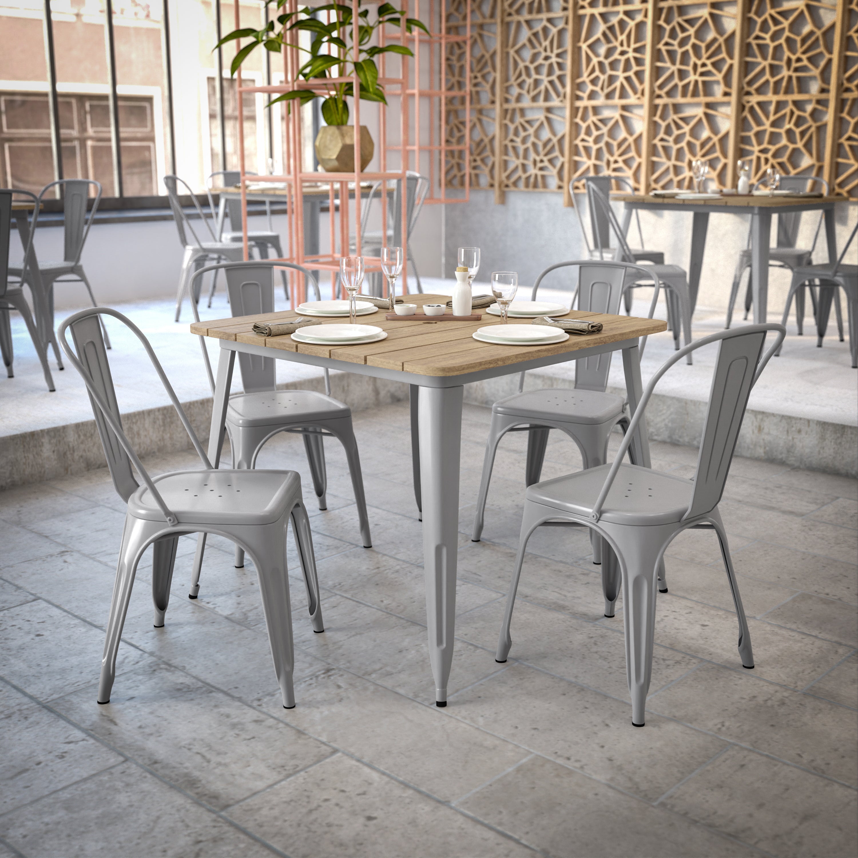 Declan Commercial Indoor/Outdoor Dining Table with Umbrella Hole, 36" Square All Weather Brown Poly Resin Top and Silver Steel Base