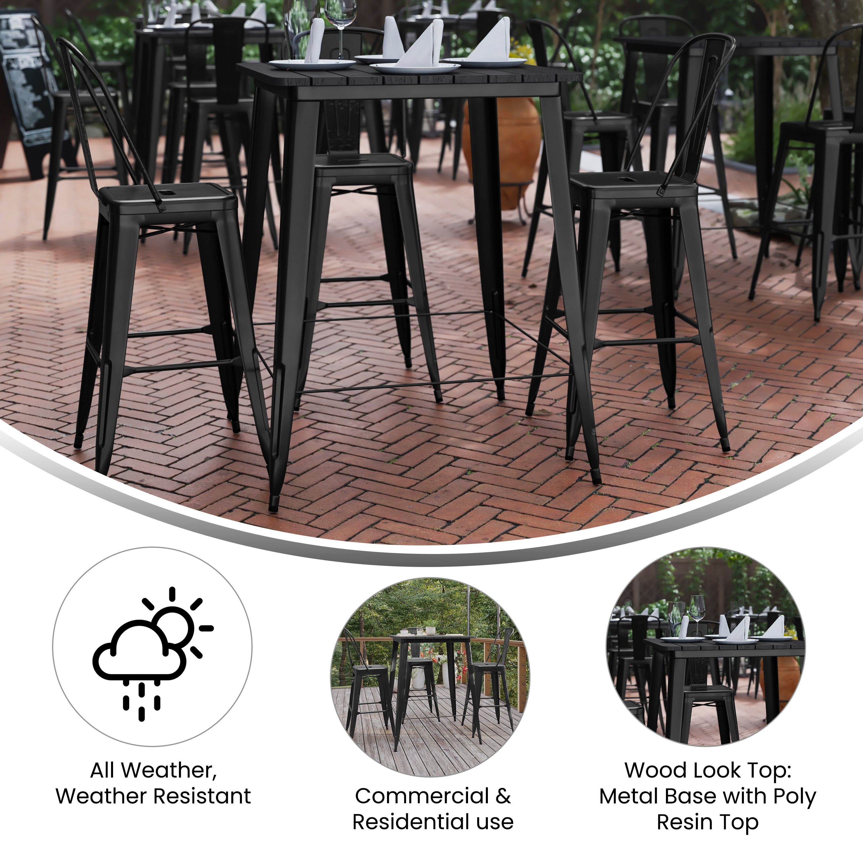 Declan Commercial Indoor/Outdoor Bar Top Table, 31.5" Square All Weather Black Poly Resin Top with Black Steel base