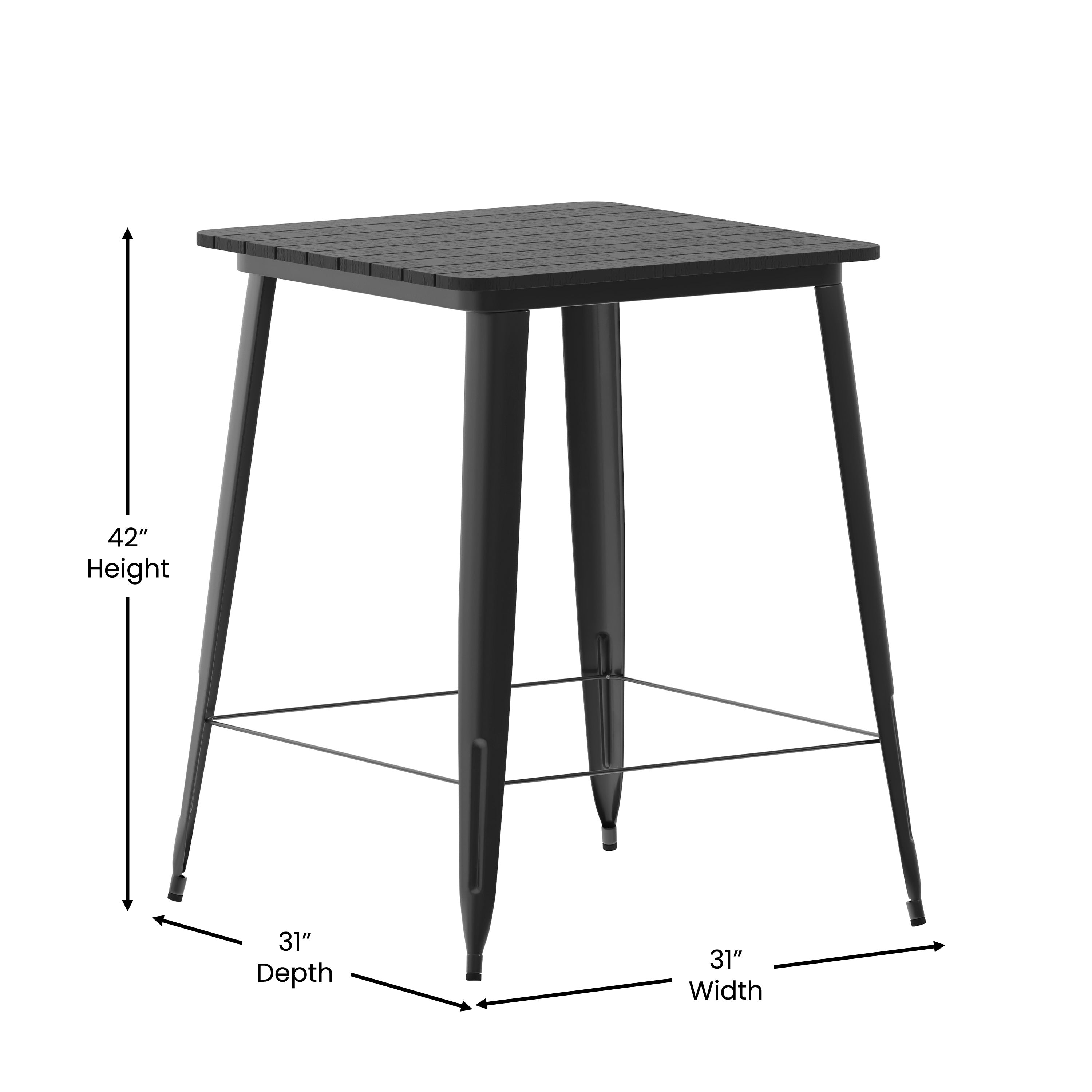 Declan Commercial Indoor/Outdoor Bar Top Table, 31.5" Square All Weather Black Poly Resin Top with Black Steel base