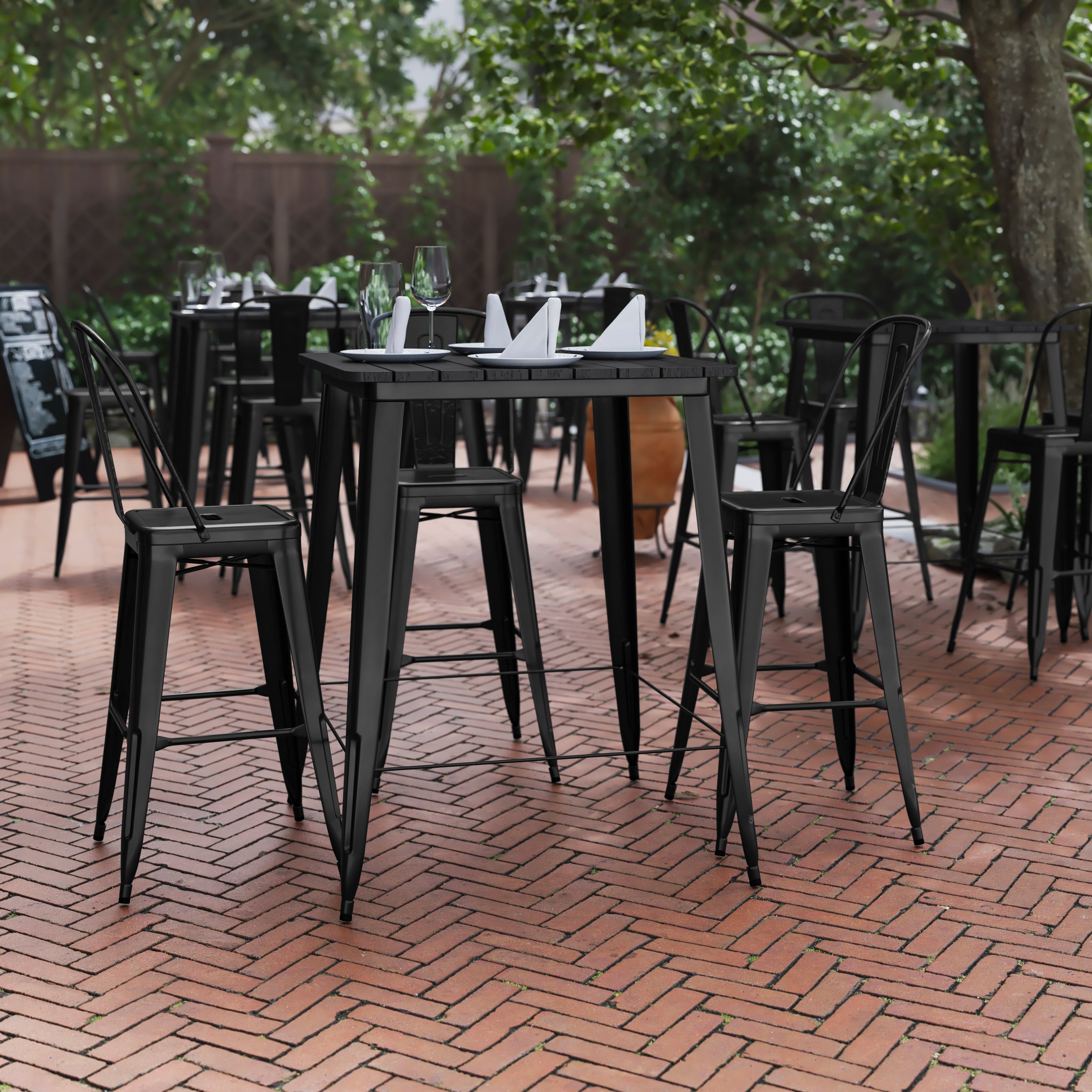 Declan Commercial Indoor/Outdoor Bar Top Table, 31.5" Square All Weather Black Poly Resin Top with Black Steel base