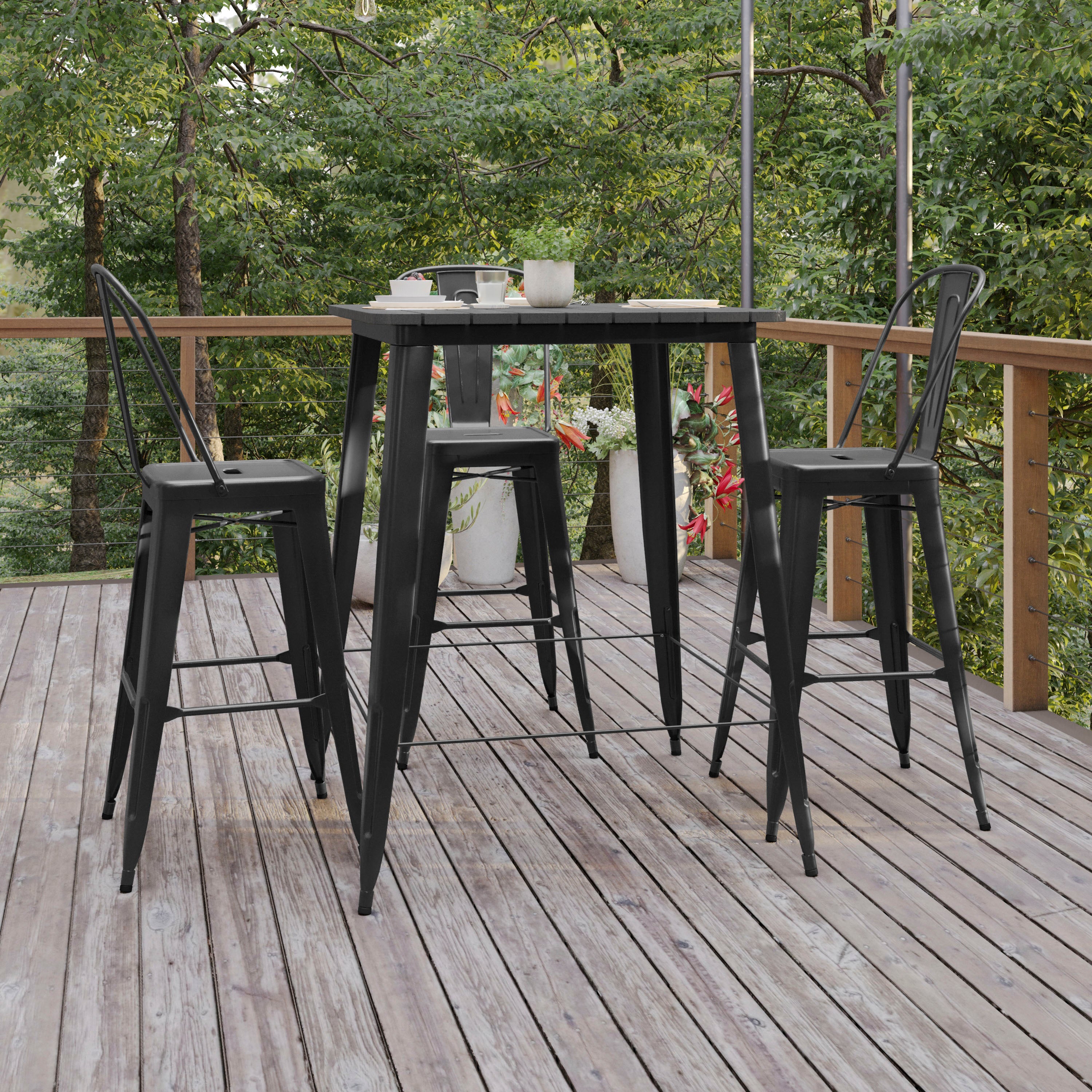 Declan Commercial Indoor/Outdoor Bar Top Table, 31.5" Square All Weather Black Poly Resin Top with Black Steel base