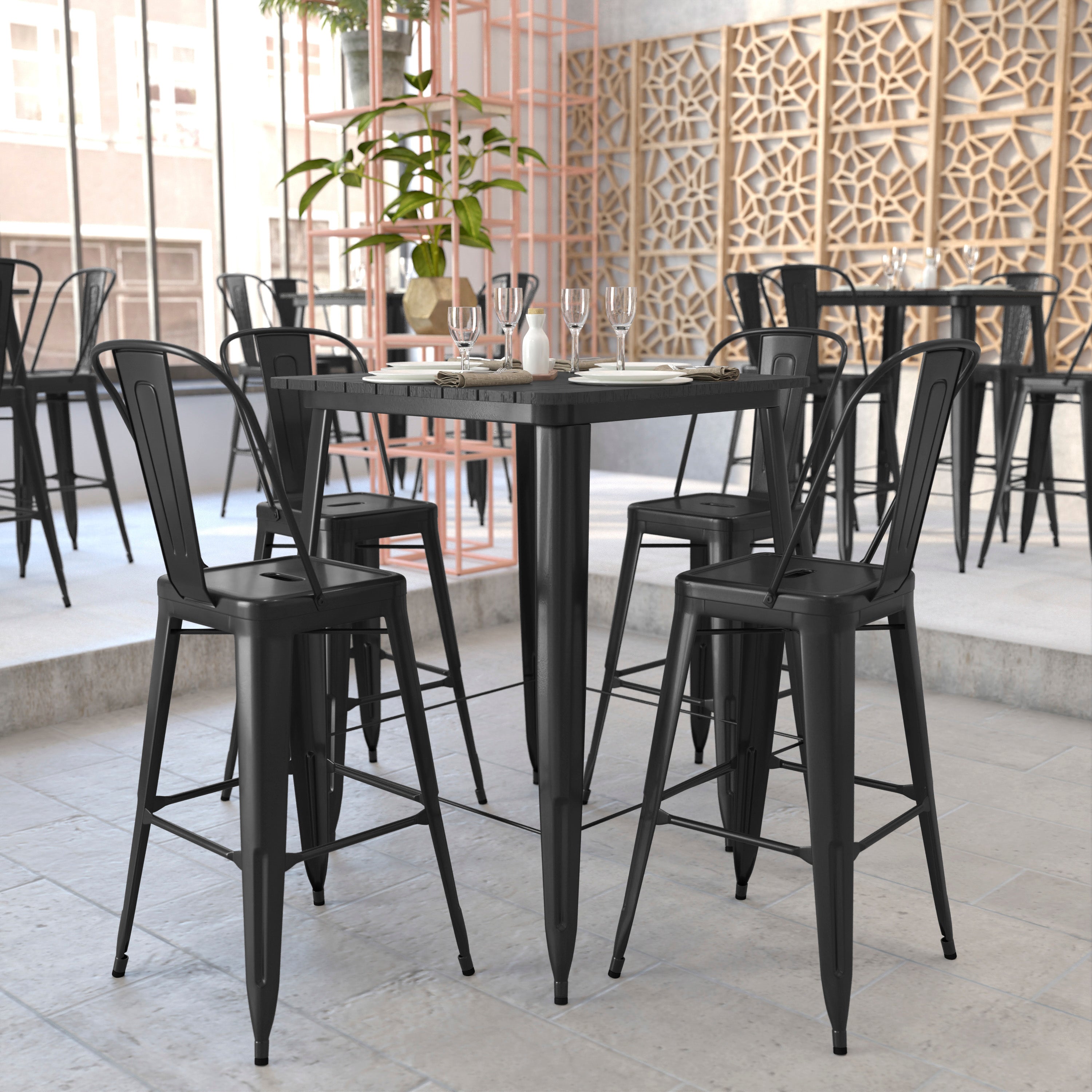 Declan Commercial Indoor/Outdoor Bar Top Table, 31.5" Square All Weather Black Poly Resin Top with Black Steel base