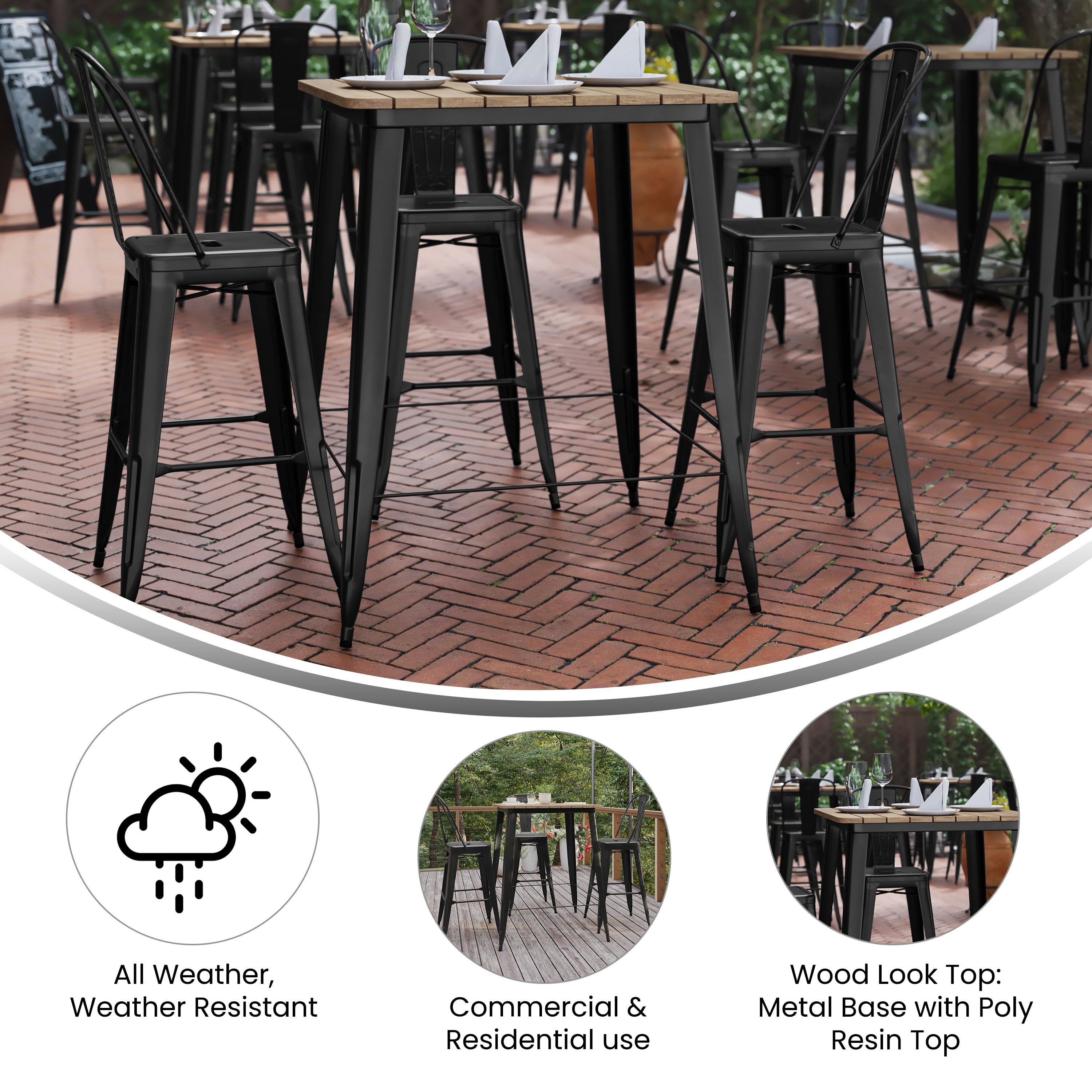 Declan Commercial Indoor/Outdoor Bar Top Table, 31.5" Square All Weather Brown Poly Resin Top with Black Steel base