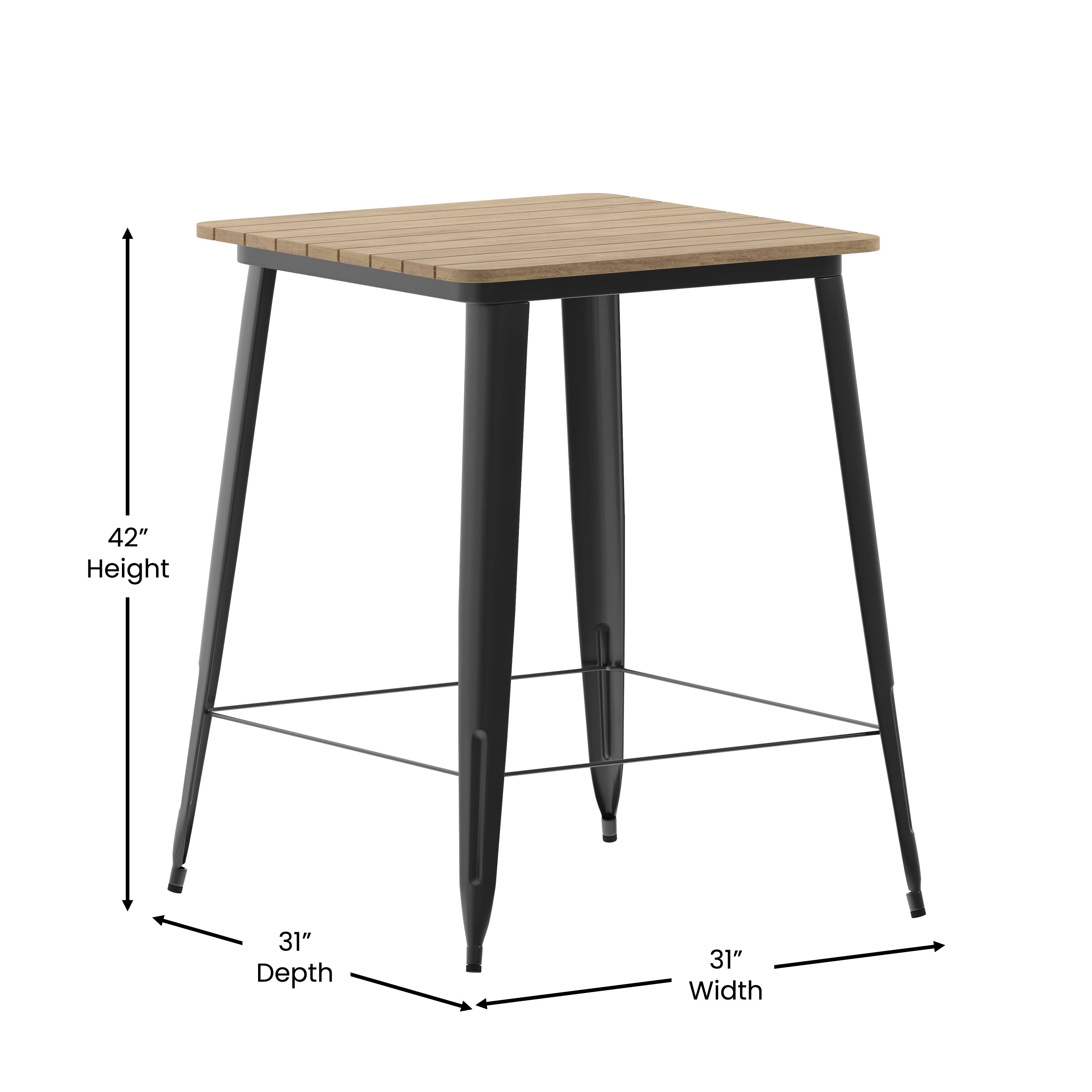 Declan Commercial Indoor/Outdoor Bar Top Table, 31.5" Square All Weather Brown Poly Resin Top with Black Steel base
