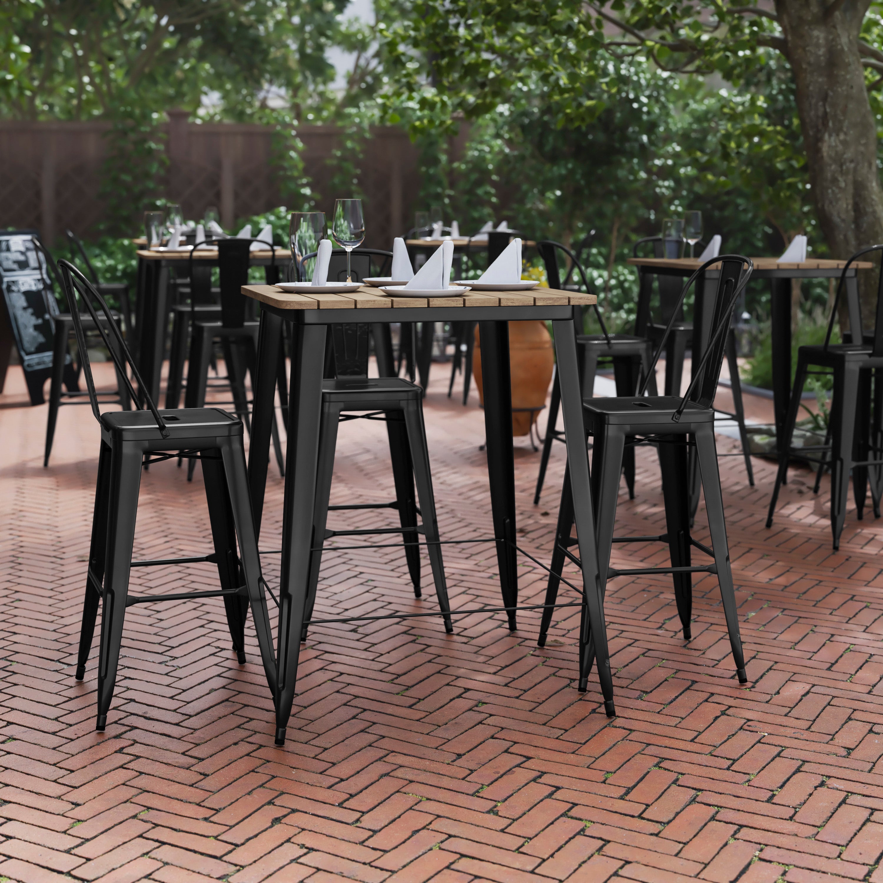 Declan Commercial Indoor/Outdoor Bar Top Table, 31.5" Square All Weather Brown Poly Resin Top with Black Steel base