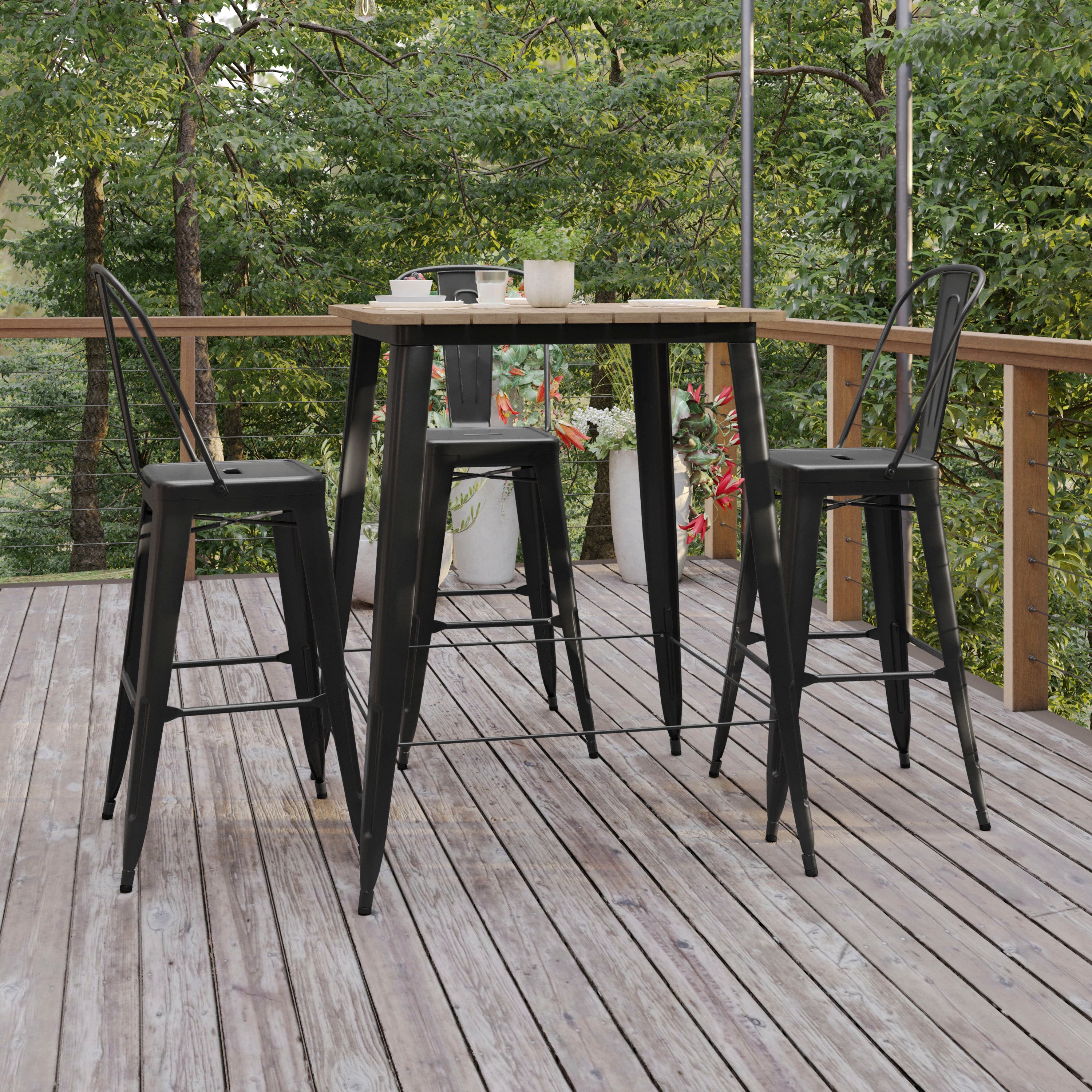 Declan Commercial Indoor/Outdoor Bar Top Table, 31.5" Square All Weather Brown Poly Resin Top with Black Steel base