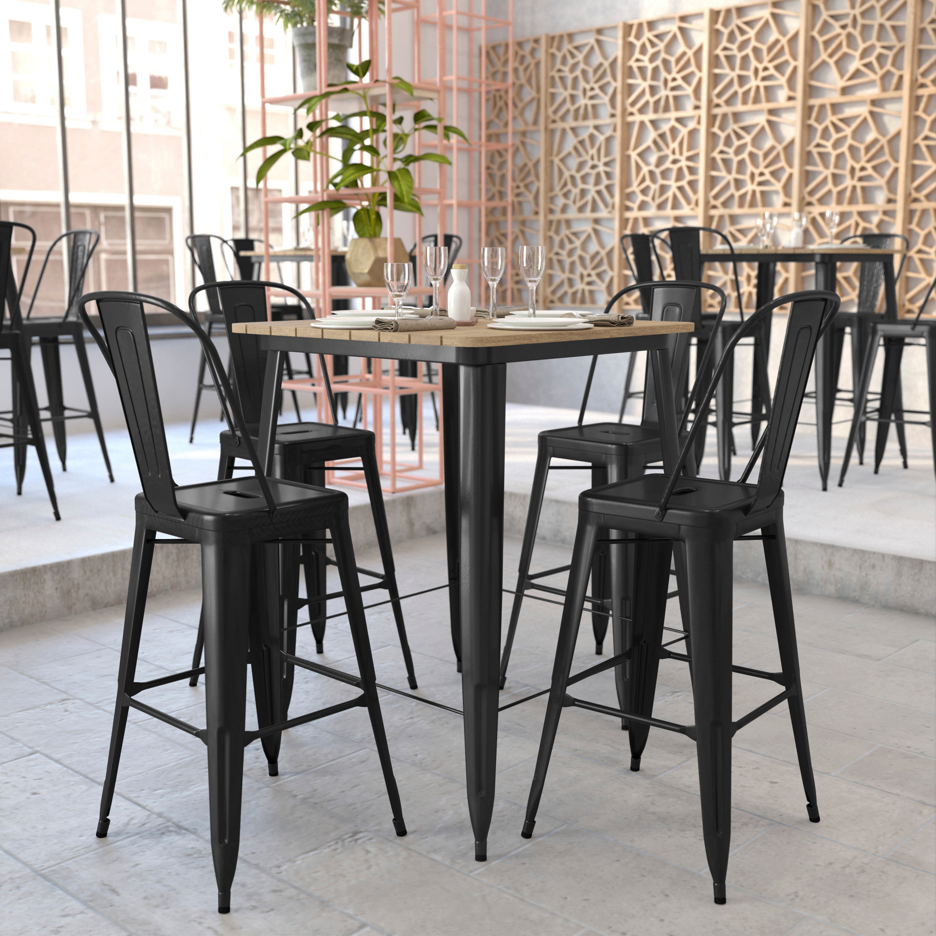 Declan Commercial Indoor/Outdoor Bar Top Table, 31.5" Square All Weather Brown Poly Resin Top with Black Steel base