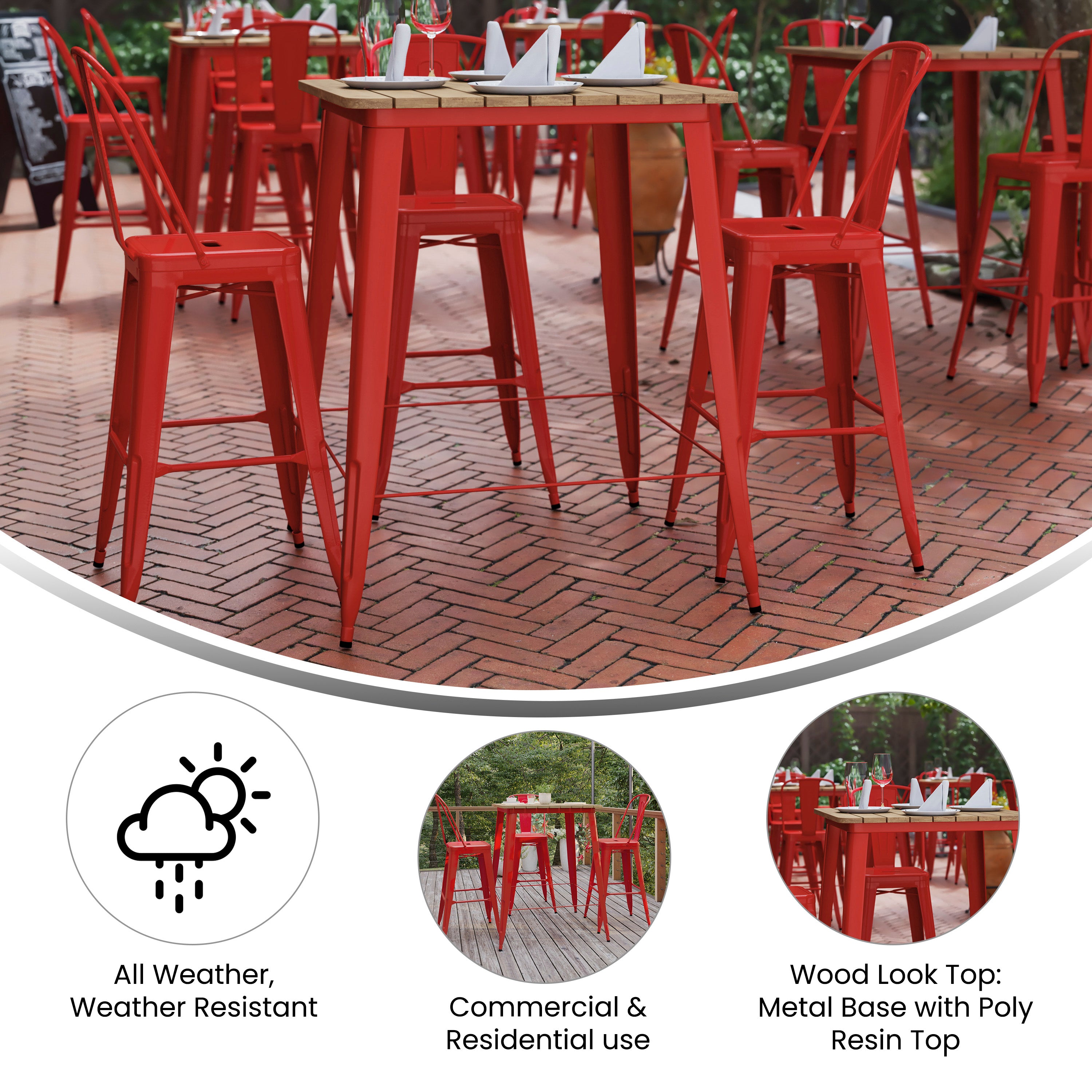 Declan Commercial Indoor/Outdoor Bar Top Table, 31.5" Square All Weather Brown Poly Resin Top with Red Steel base