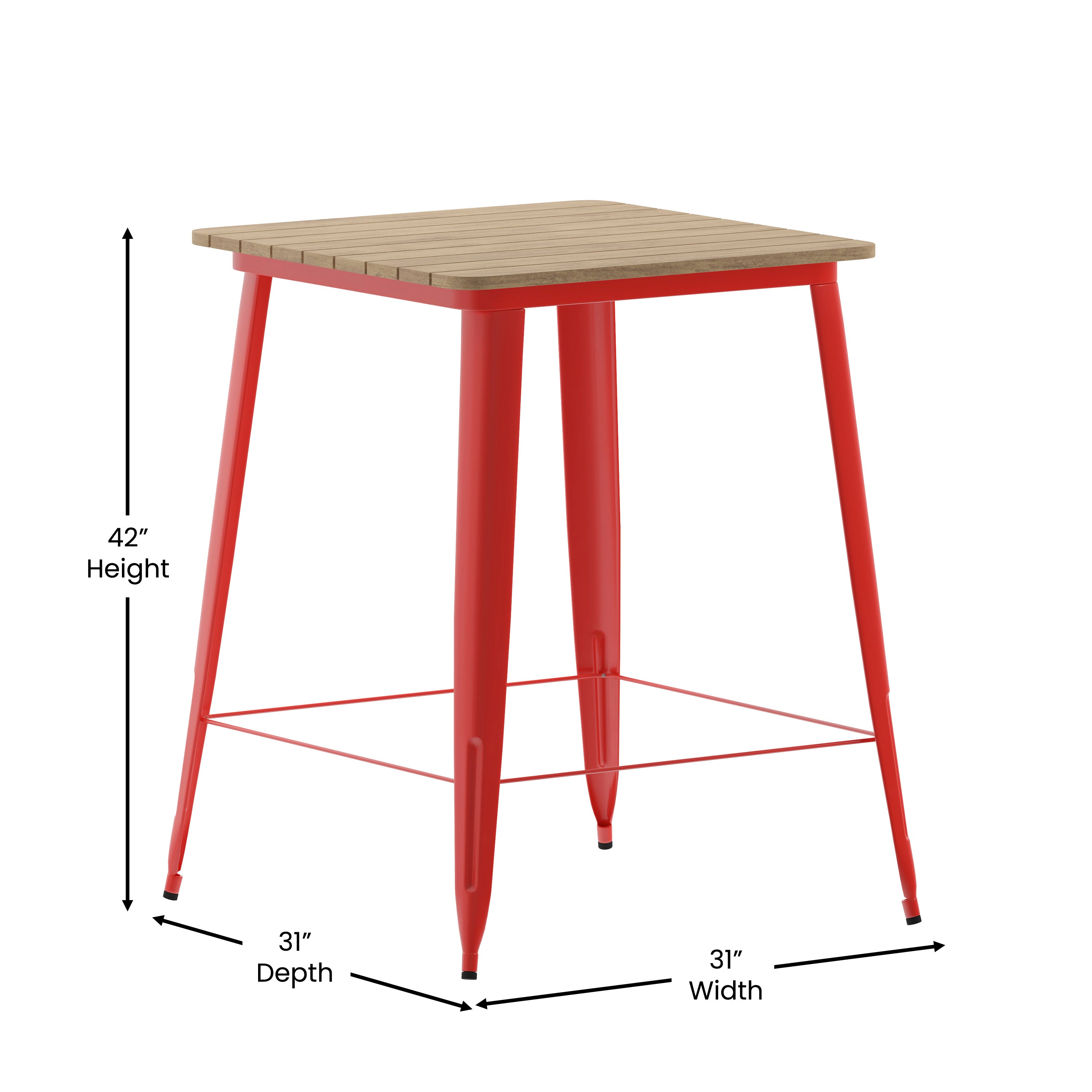 Declan Commercial Indoor/Outdoor Bar Top Table, 31.5" Square All Weather Brown Poly Resin Top with Red Steel base