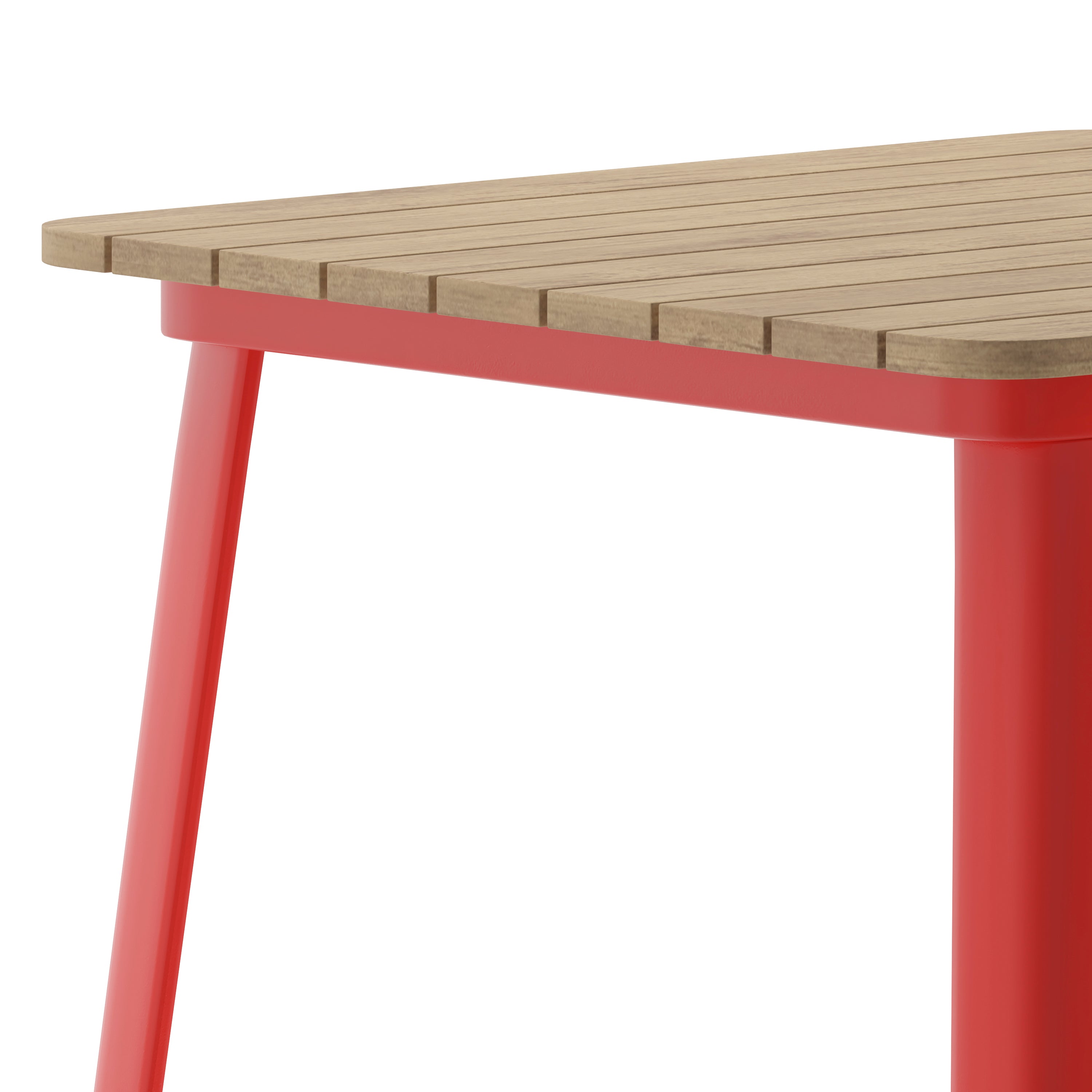Declan Commercial Indoor/Outdoor Bar Top Table, 31.5" Square All Weather Brown Poly Resin Top with Red Steel base