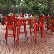 Declan Commercial Indoor/Outdoor Bar Top Table, 31.5" Square All Weather Brown Poly Resin Top with Red Steel base