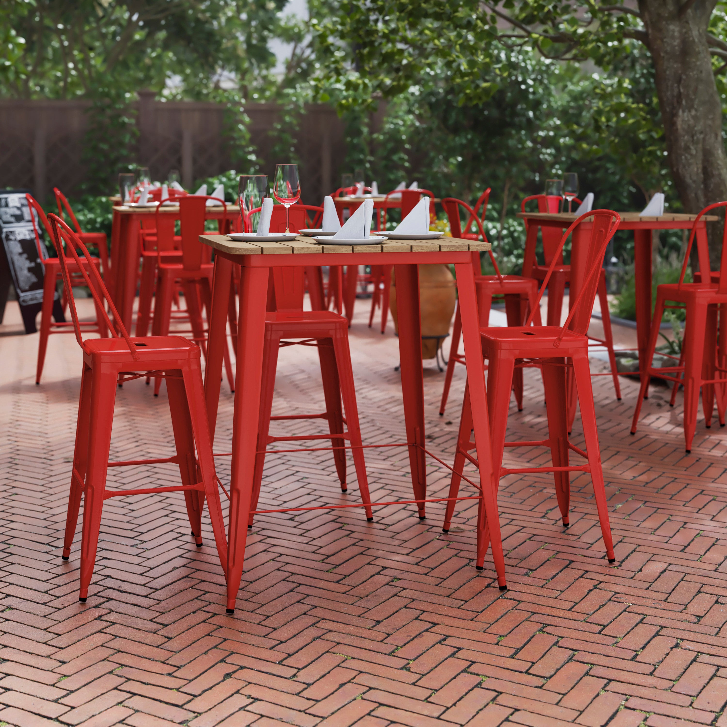 Declan Commercial Indoor/Outdoor Bar Top Table, 31.5" Square All Weather Brown Poly Resin Top with Red Steel base