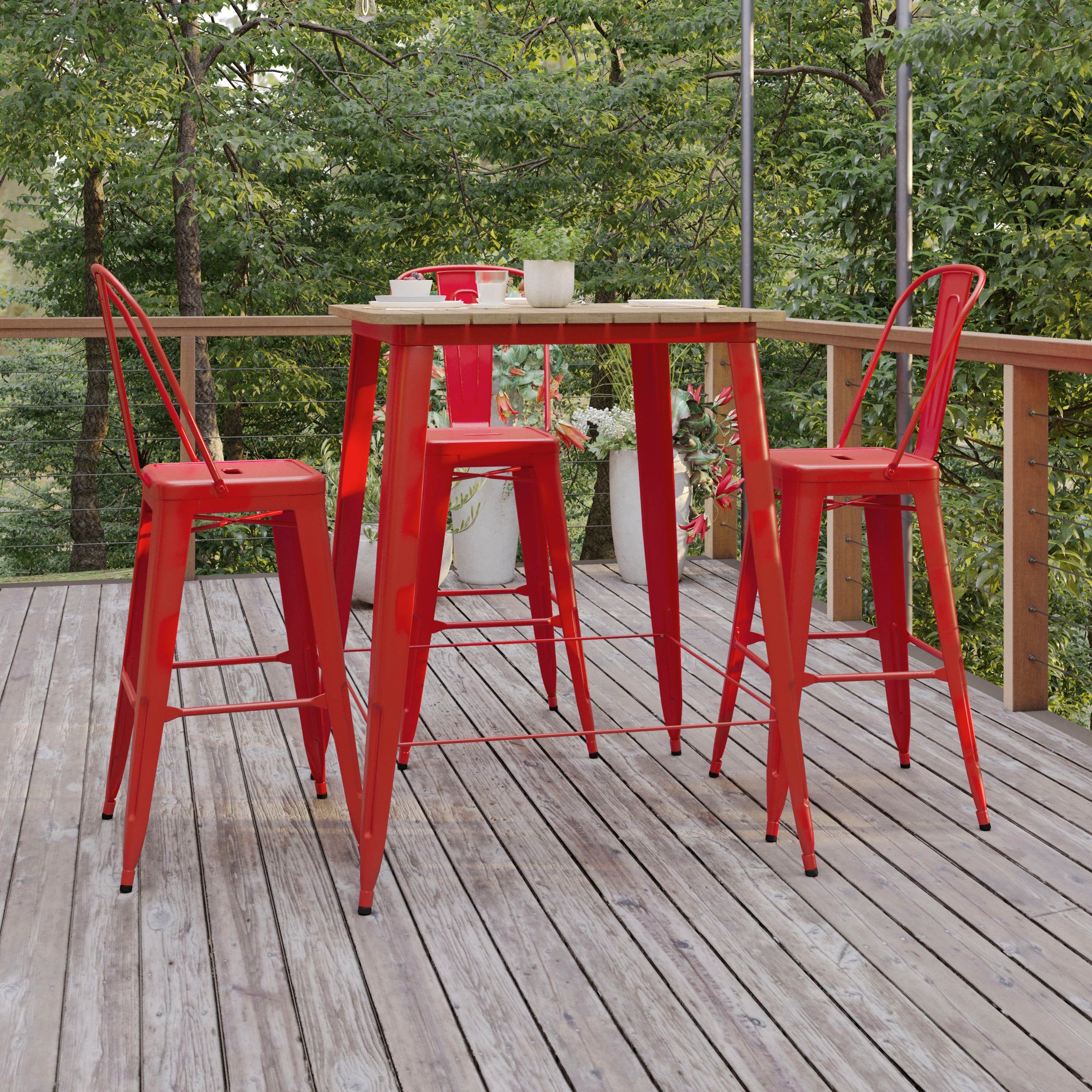Declan Commercial Indoor/Outdoor Bar Top Table, 31.5" Square All Weather Brown Poly Resin Top with Red Steel base