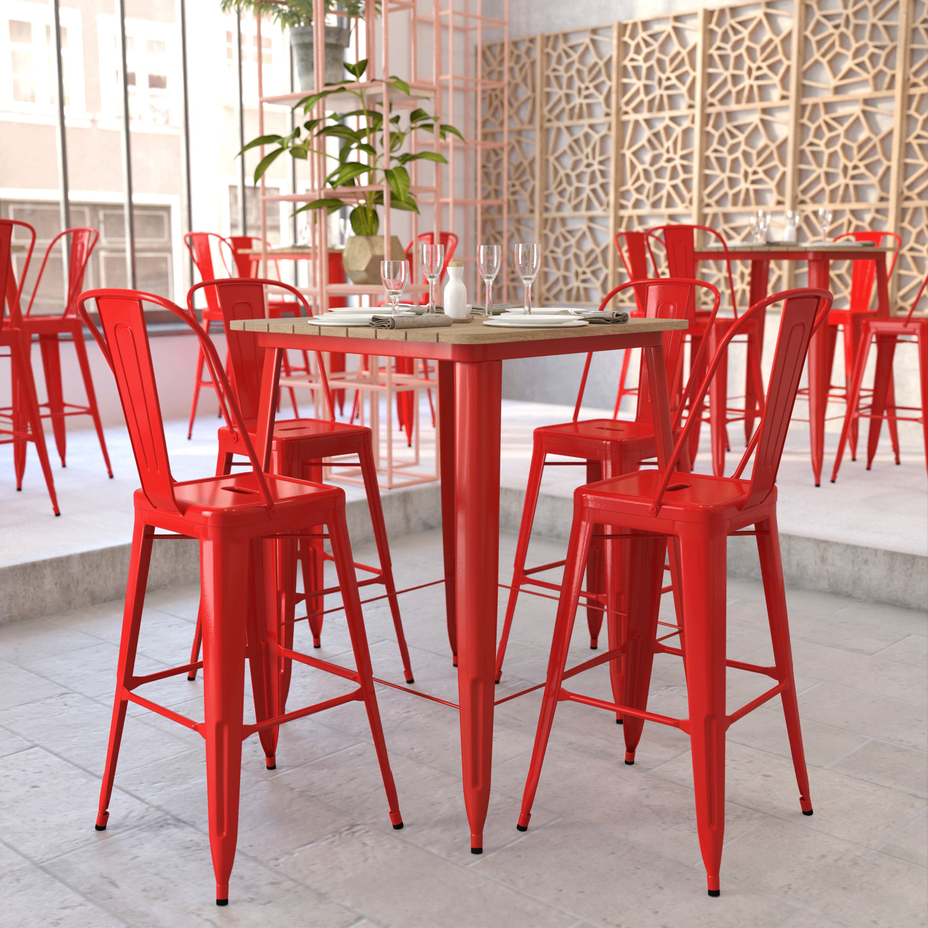 Declan Commercial Indoor/Outdoor Bar Top Table, 31.5" Square All Weather Brown Poly Resin Top with Red Steel base