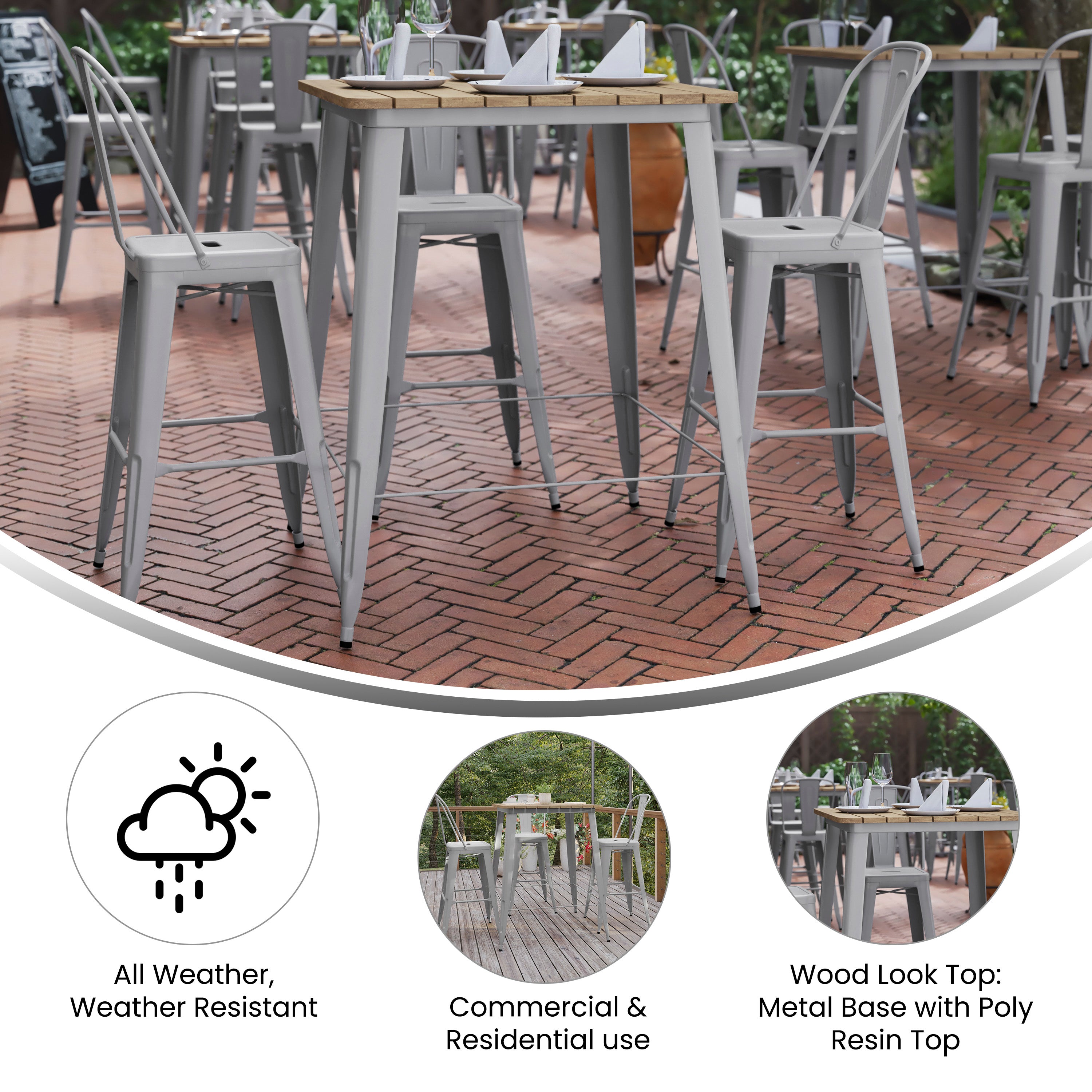 Declan Commercial Indoor/Outdoor Bar Top Table, 31.5" Square All Weather Brown Poly Resin Top with Silver Steel base