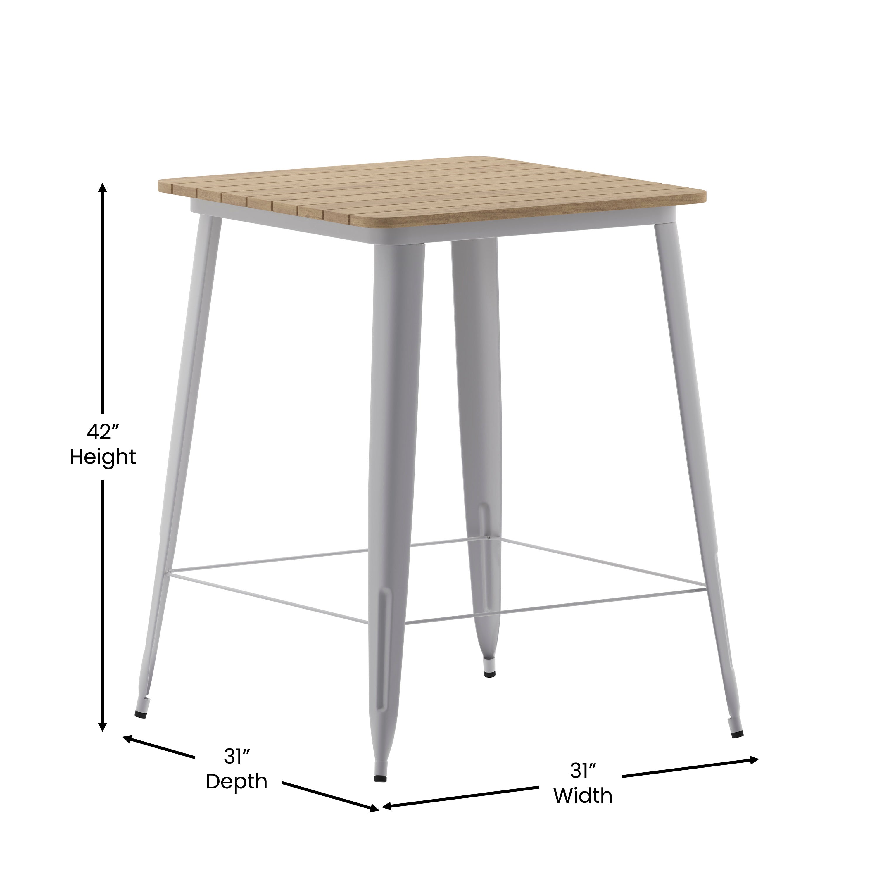 Declan Commercial Indoor/Outdoor Bar Top Table, 31.5" Square All Weather Brown Poly Resin Top with Silver Steel base