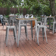 Declan Commercial Indoor/Outdoor Bar Top Table, 31.5" Square All Weather Brown Poly Resin Top with Silver Steel base
