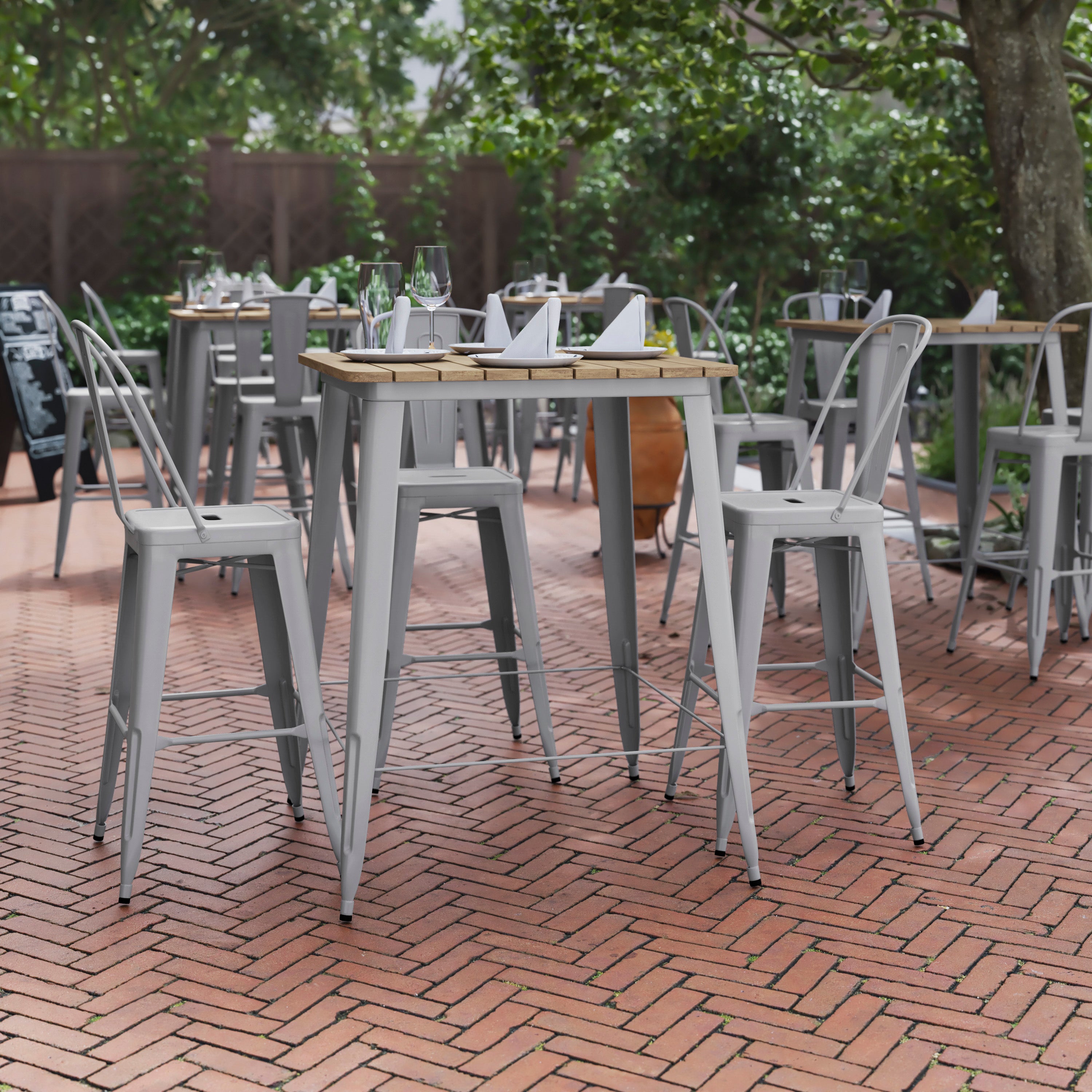 Declan Commercial Indoor/Outdoor Bar Top Table, 31.5" Square All Weather Brown Poly Resin Top with Silver Steel base