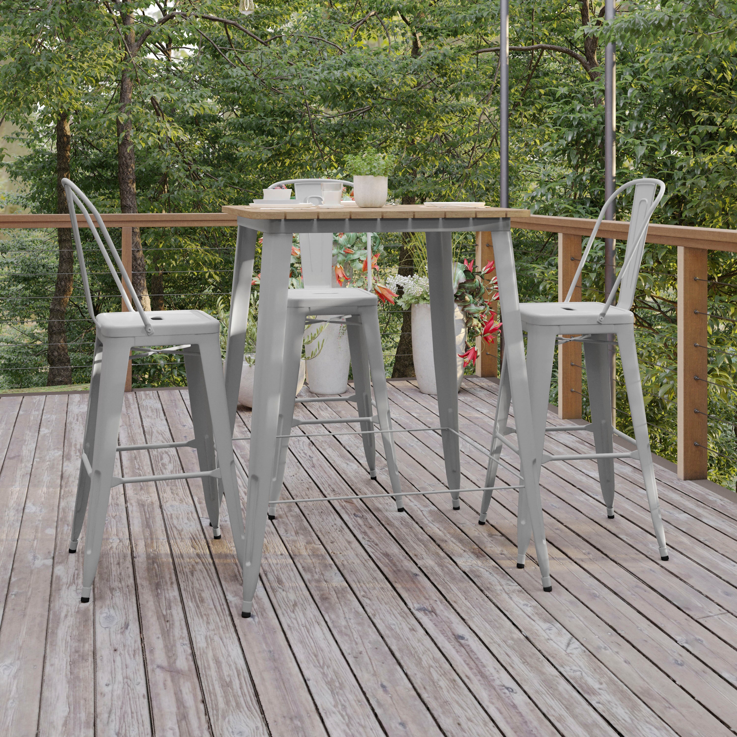 Declan Commercial Indoor/Outdoor Bar Top Table, 31.5" Square All Weather Brown Poly Resin Top with Silver Steel base