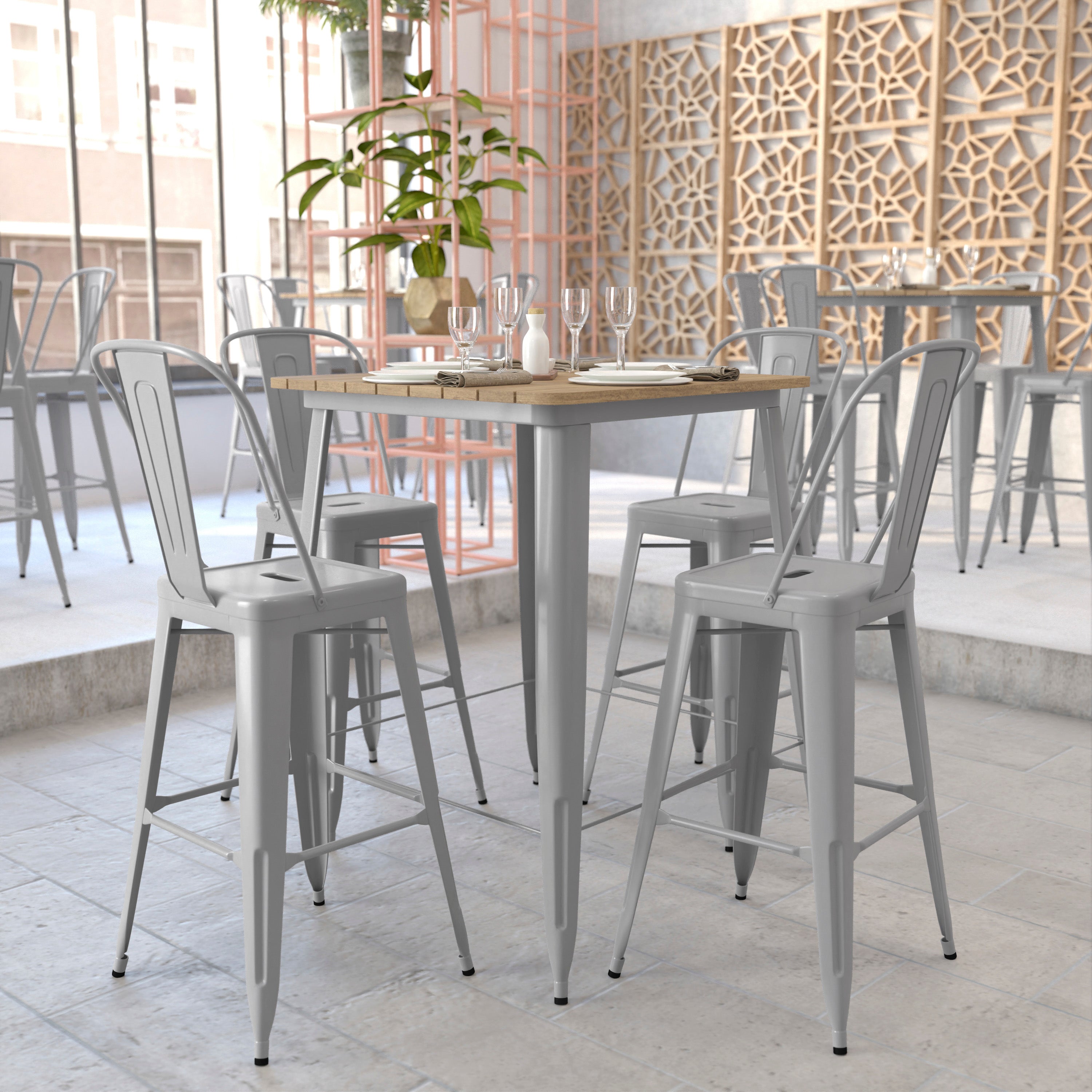 Declan Commercial Indoor/Outdoor Bar Top Table, 31.5" Square All Weather Brown Poly Resin Top with Silver Steel base