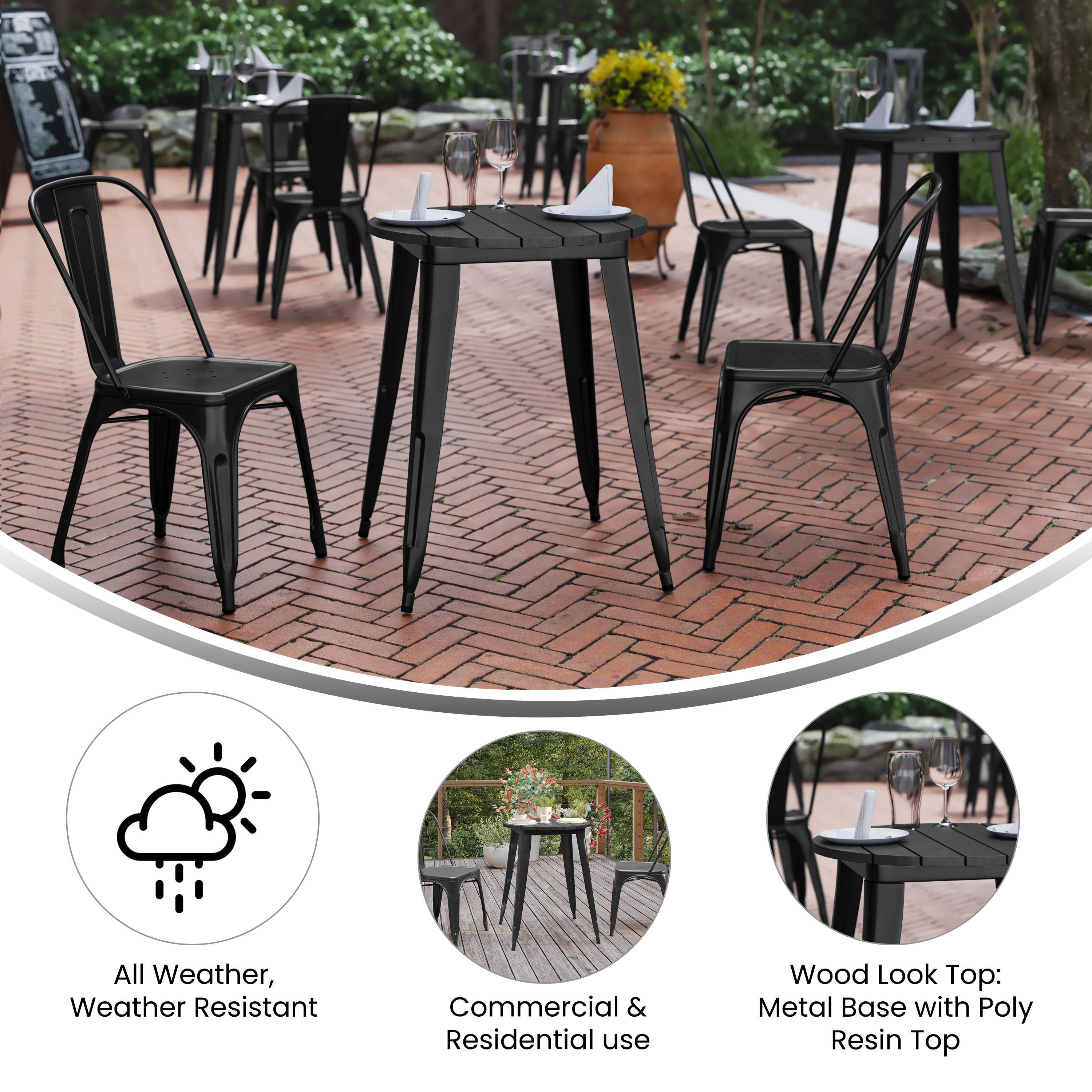 Declan Commercial Grade Indoor/Outdoor Dining Table, 23.75" Round All Weather Black Poly Resin Top with Black Steel Base