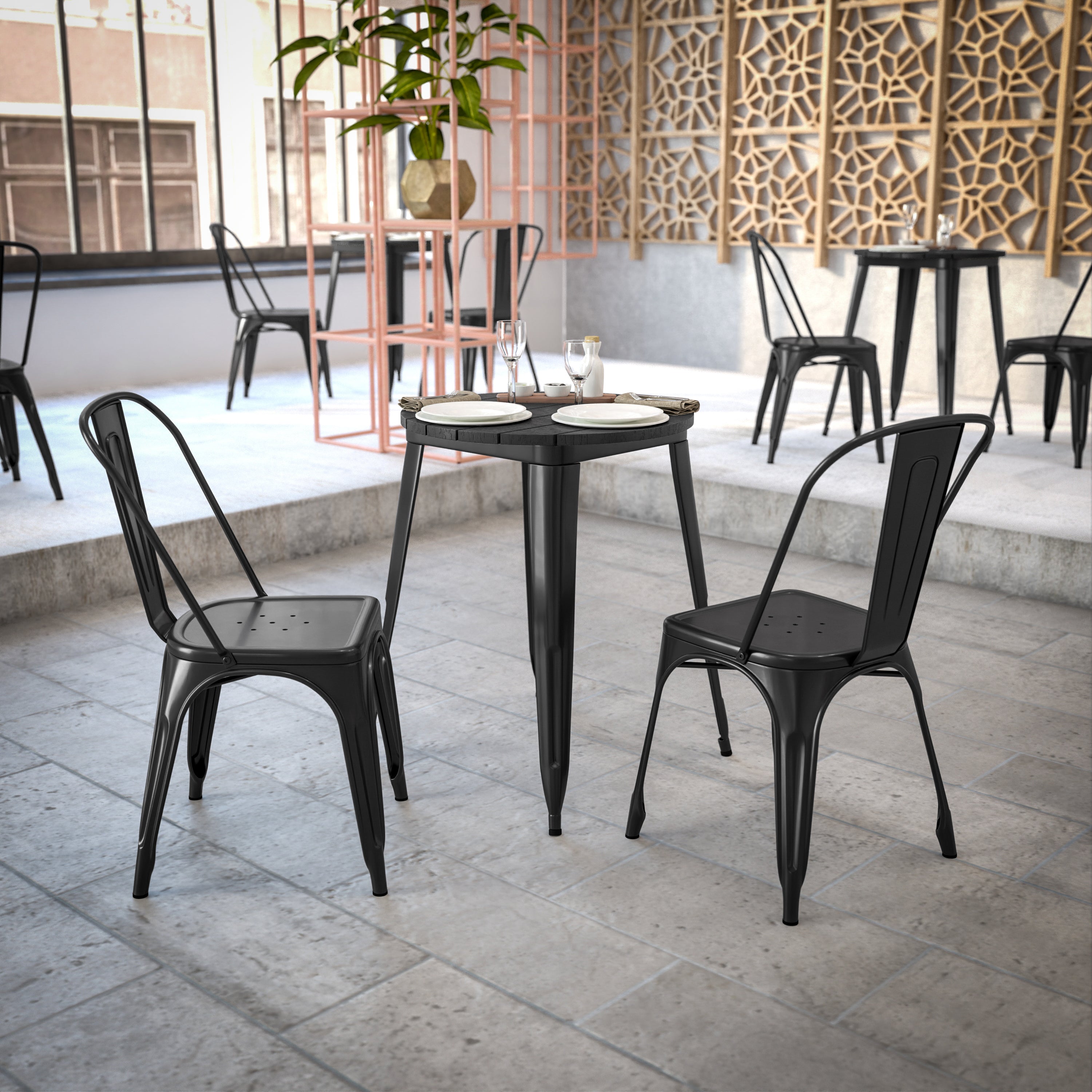 Declan Commercial Grade Indoor/Outdoor Dining Table, 23.75" Round All Weather Black Poly Resin Top with Black Steel Base
