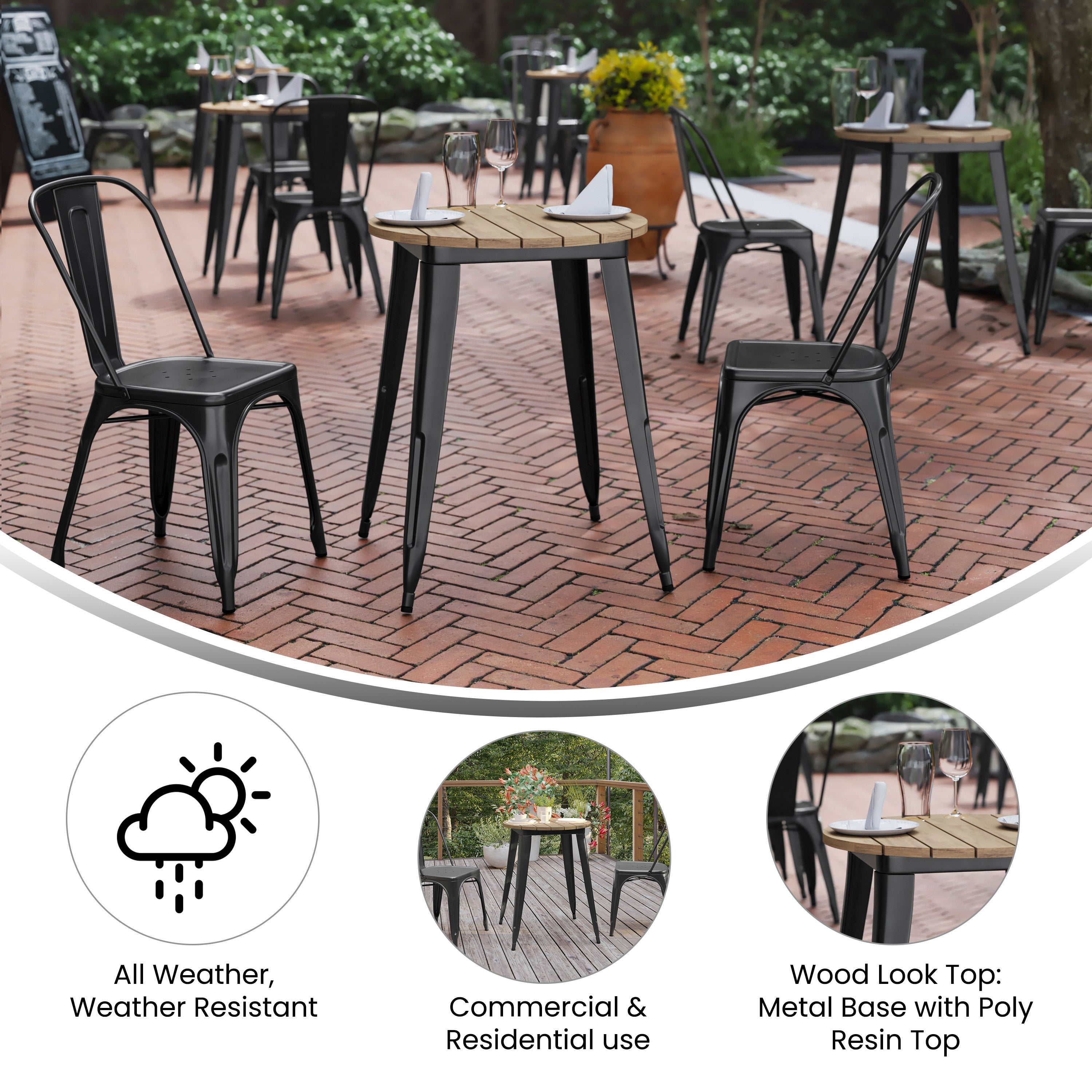 Declan Commercial Grade Indoor/Outdoor Dining Table, 23.75" Round All Weather Brown Poly Resin Top with Black Steel Base