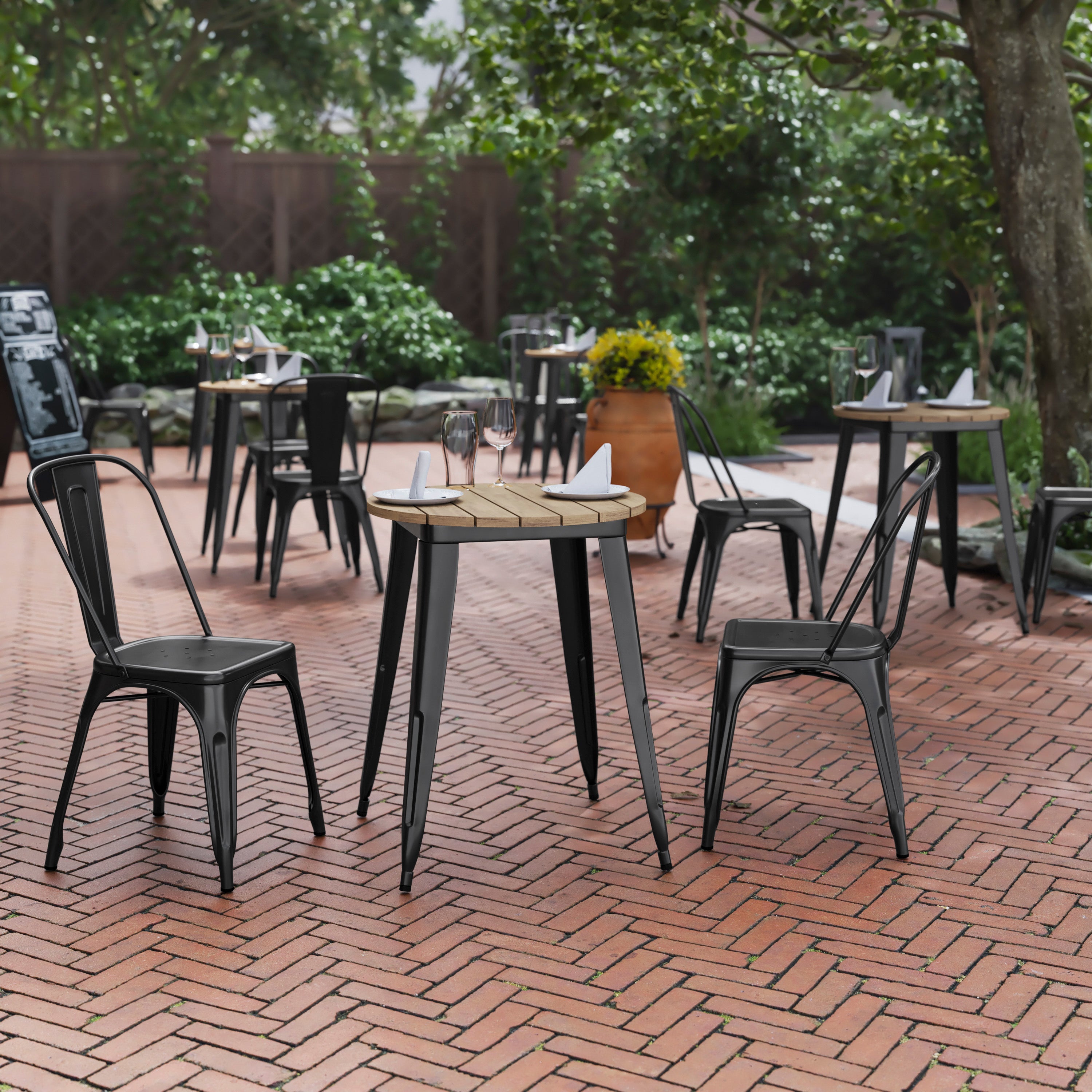 Declan Commercial Grade Indoor/Outdoor Dining Table, 23.75" Round All Weather Brown Poly Resin Top with Black Steel Base