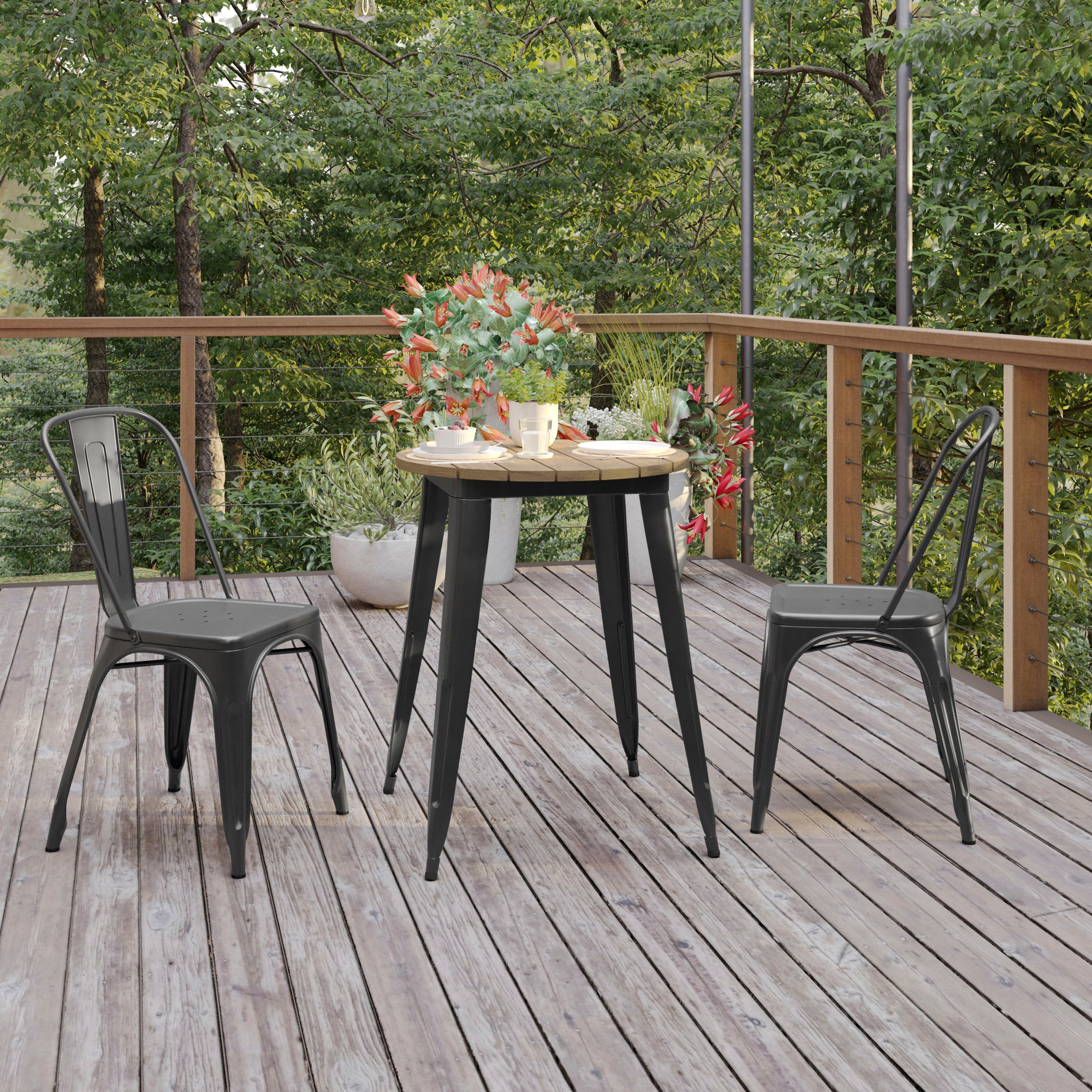 Declan Commercial Grade Indoor/Outdoor Dining Table, 23.75" Round All Weather Brown Poly Resin Top with Black Steel Base