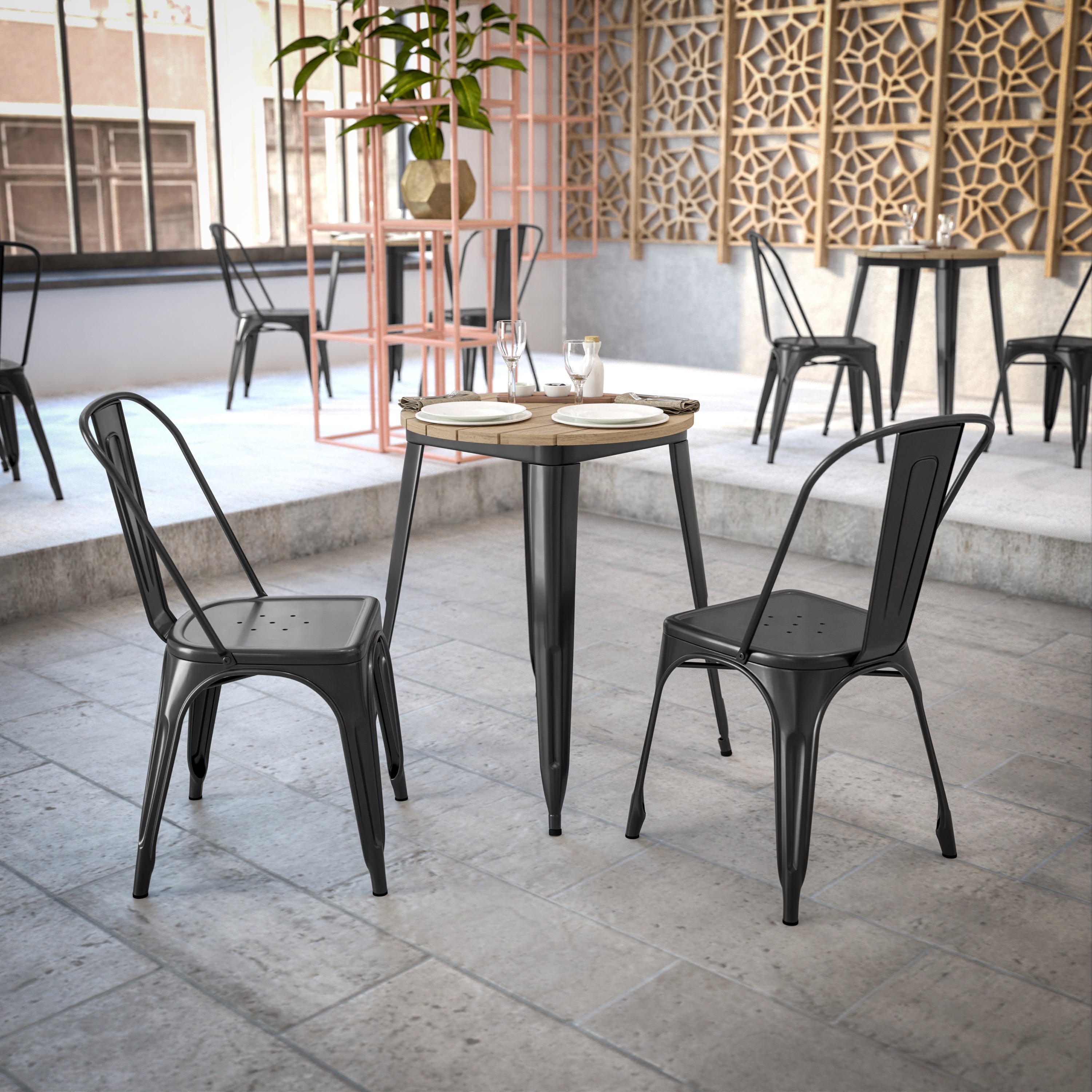 Declan Commercial Grade Indoor/Outdoor Dining Table, 23.75" Round All Weather Brown Poly Resin Top with Black Steel Base