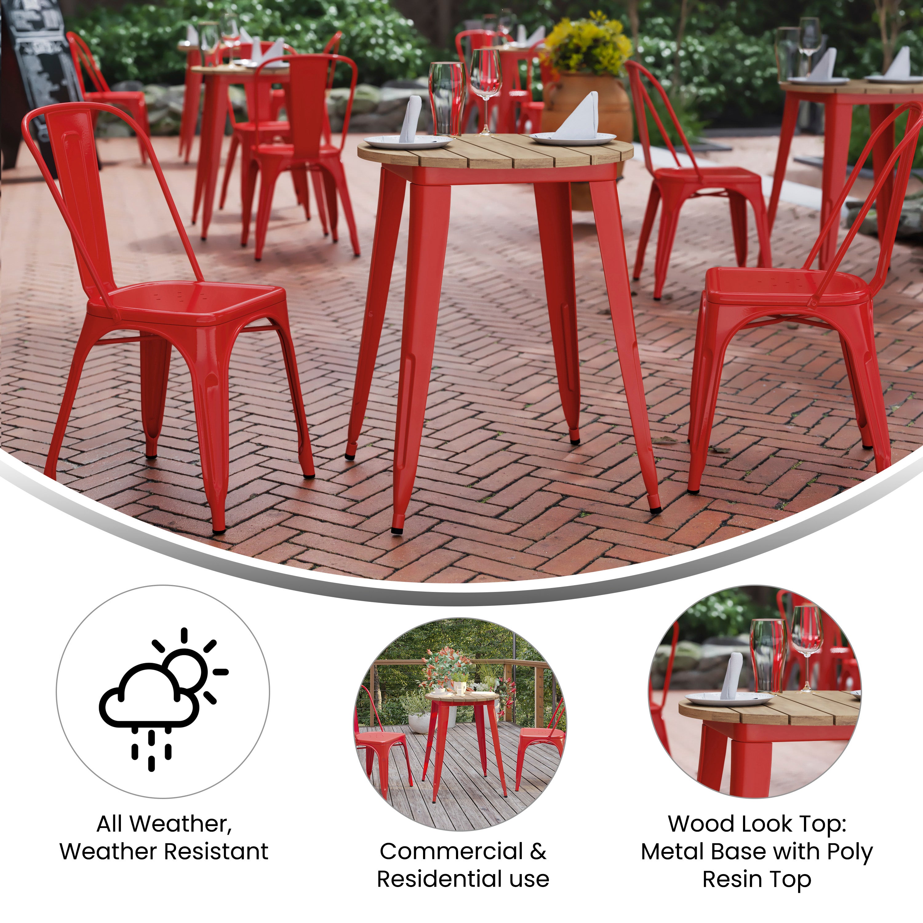 Declan Commercial Grade Indoor/Outdoor Dining Table, 23.75" Round All Weather Brown Poly Resin Top with Red Steel Base