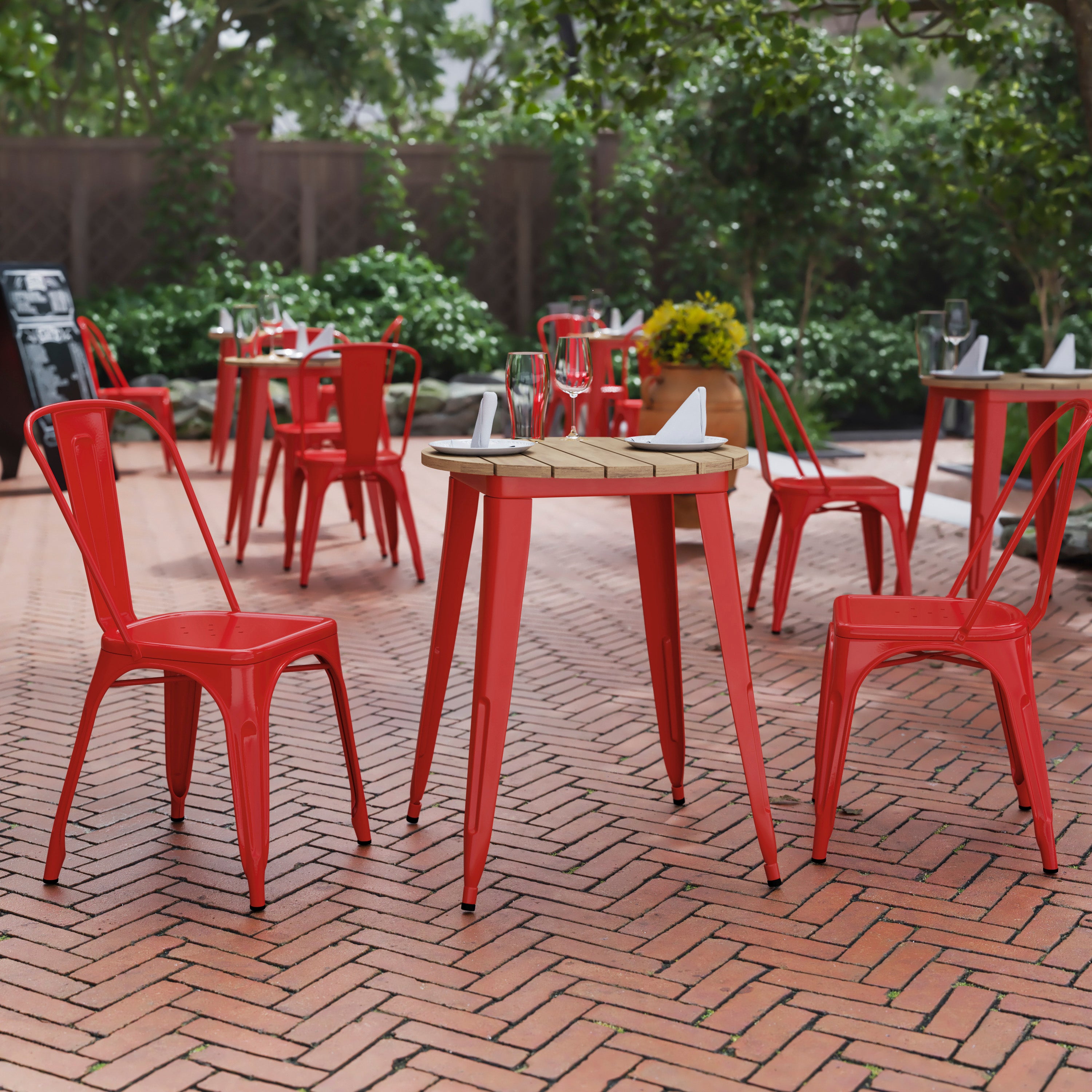 Declan Commercial Grade Indoor/Outdoor Dining Table, 23.75" Round All Weather Brown Poly Resin Top with Red Steel Base
