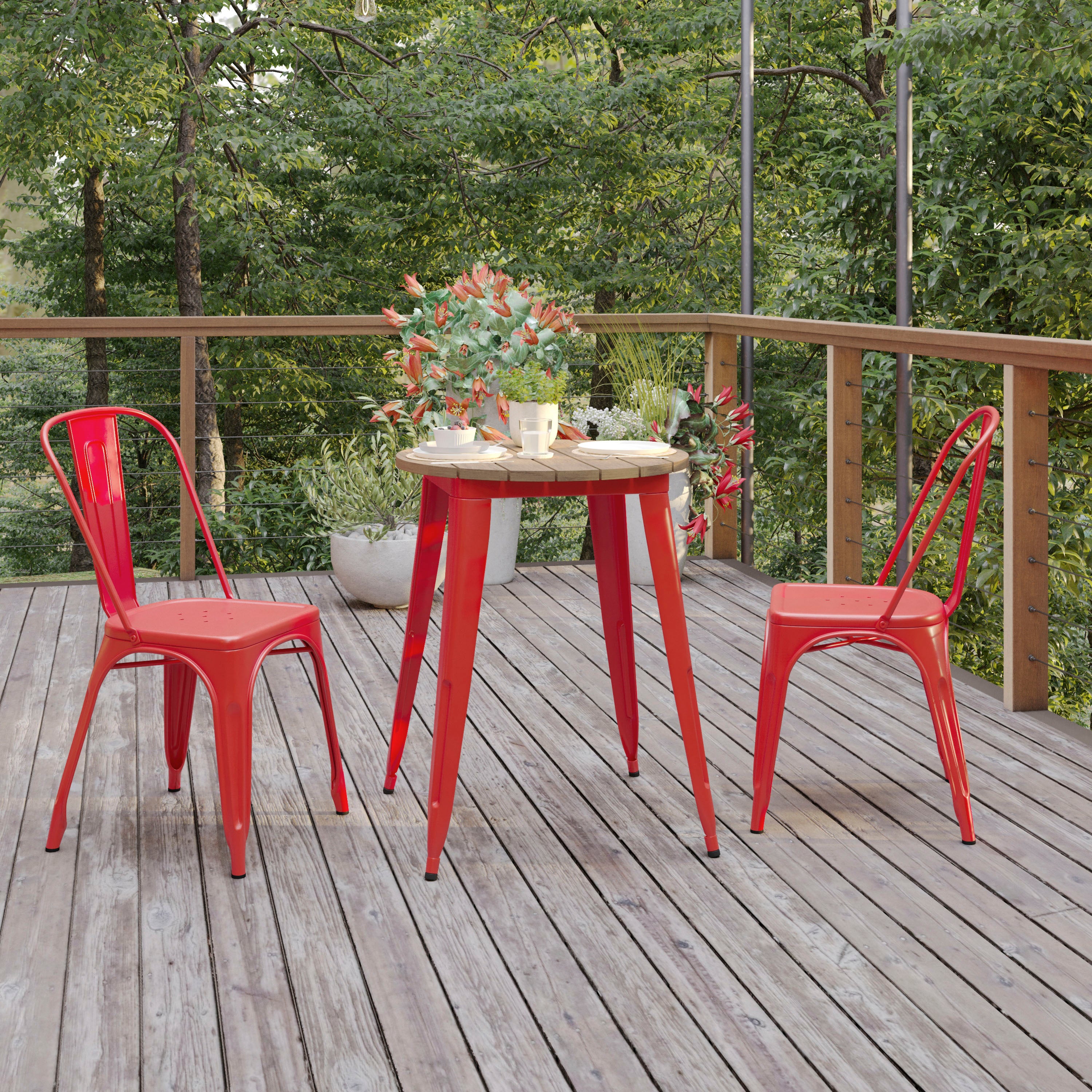 Declan Commercial Grade Indoor/Outdoor Dining Table, 23.75" Round All Weather Brown Poly Resin Top with Red Steel Base