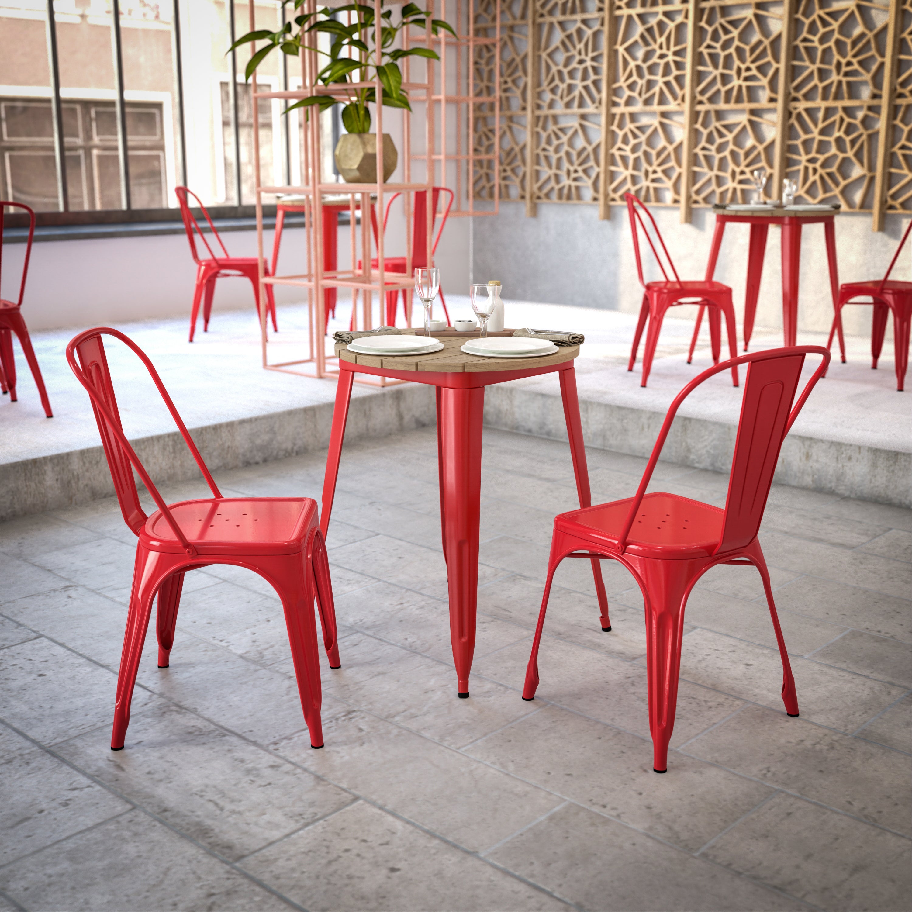 Declan Commercial Grade Indoor/Outdoor Dining Table, 23.75" Round All Weather Brown Poly Resin Top with Red Steel Base