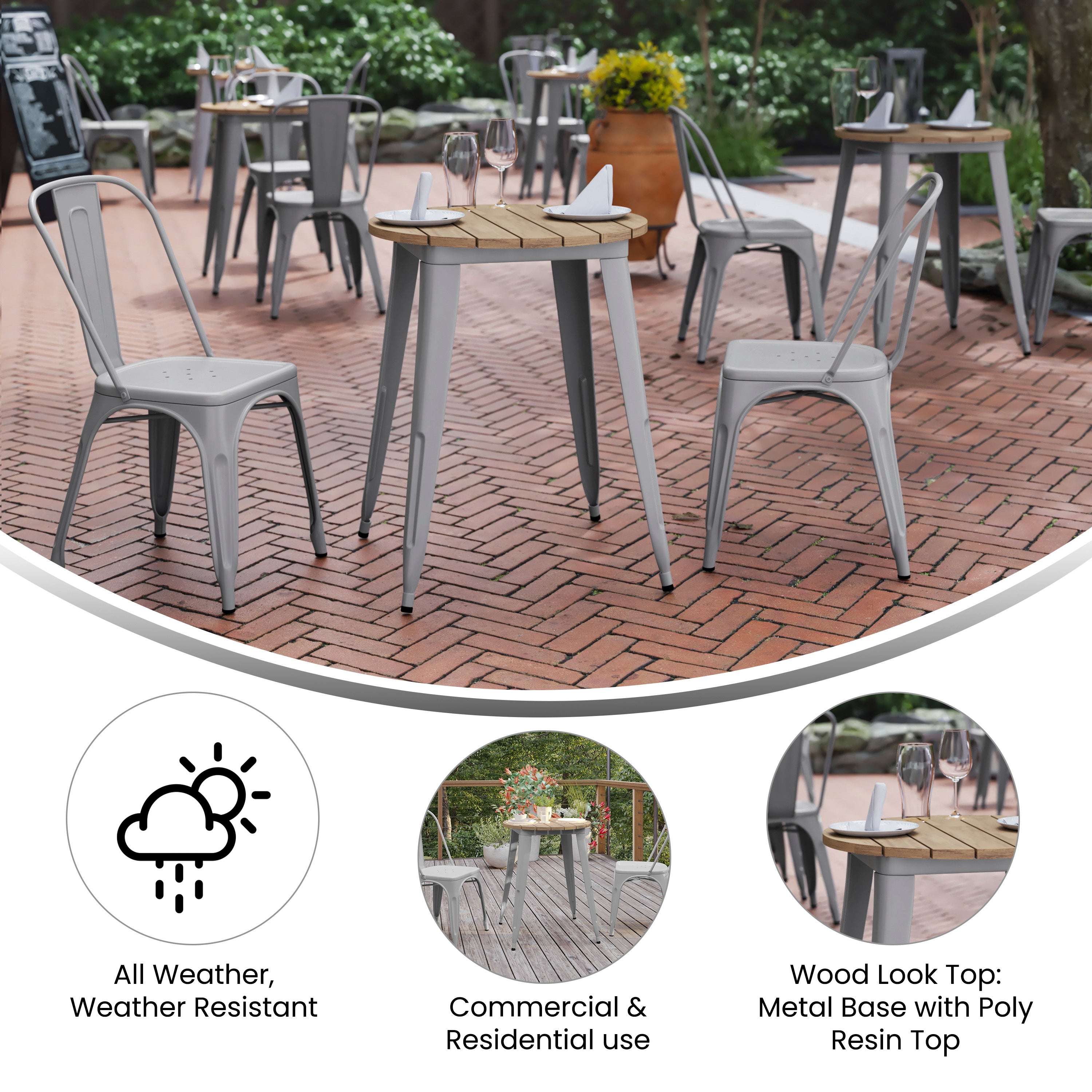 Declan Commercial Grade Indoor/Outdoor Dining Table, 23.75" Round All Weather Brown Poly Resin Top with Silver Steel Base