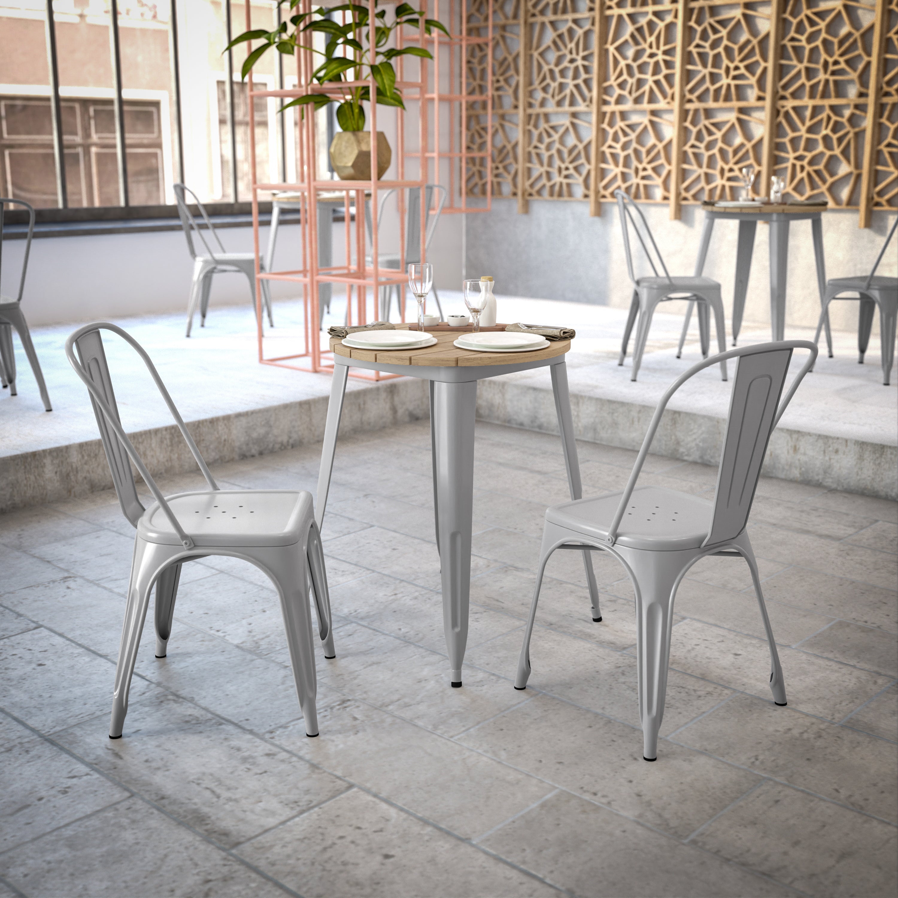 Declan Commercial Grade Indoor/Outdoor Dining Table, 23.75" Round All Weather Brown Poly Resin Top with Silver Steel Base
