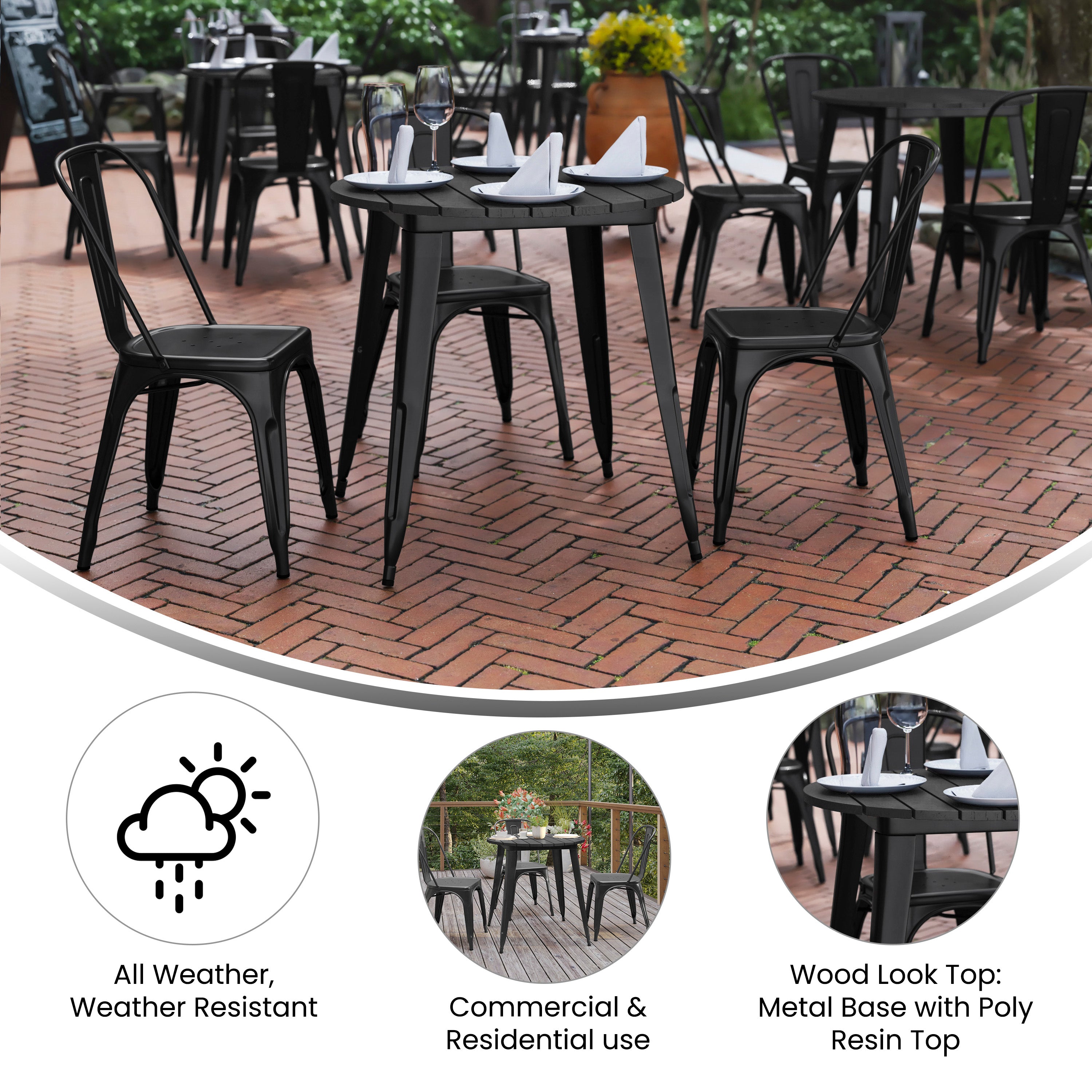 Declan Commercial Grade Indoor/Outdoor Dining Table, 30" Round All Weather Black Poly Resin Top with Black Steel Base