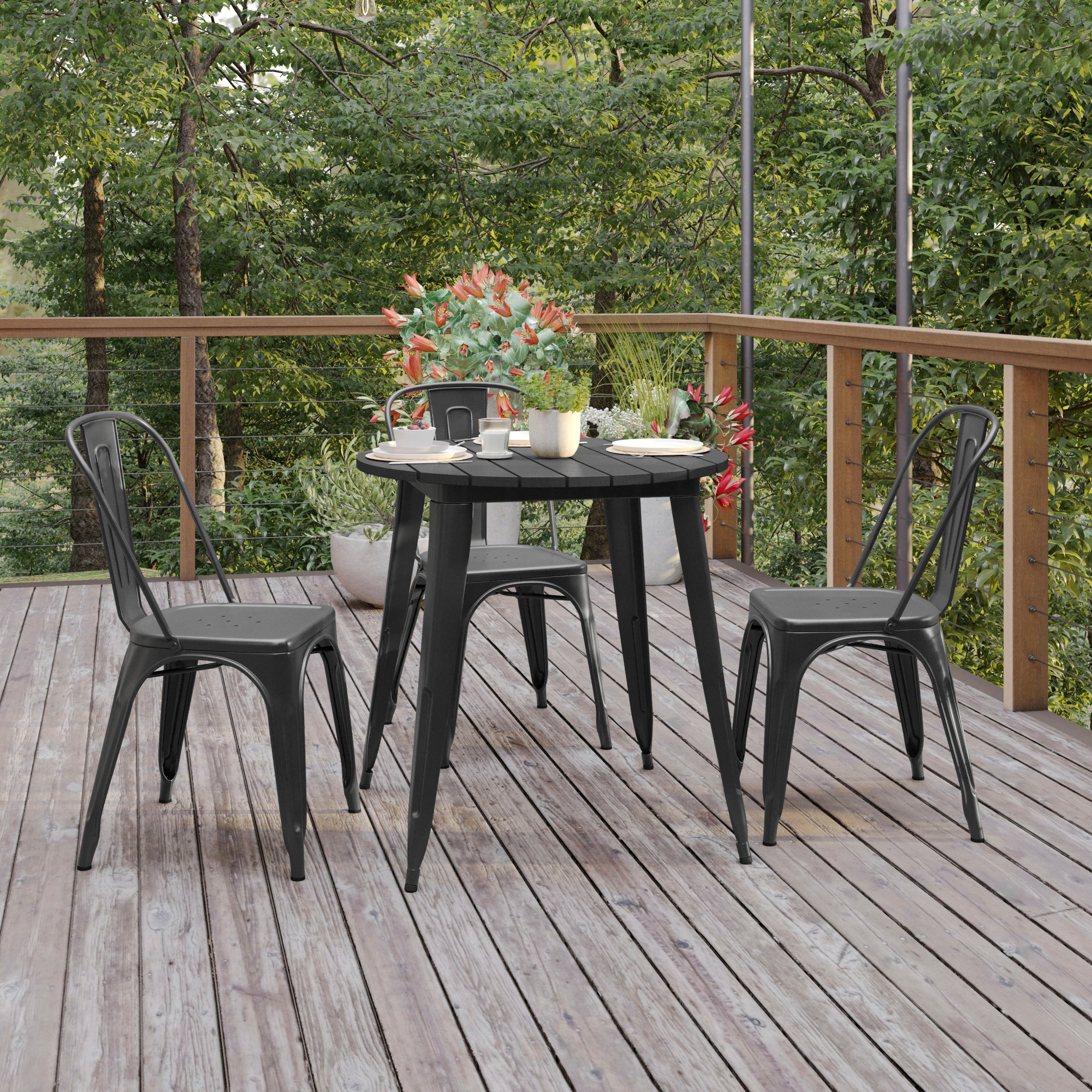 Declan Commercial Grade Indoor/Outdoor Dining Table, 30" Round All Weather Black Poly Resin Top with Black Steel Base