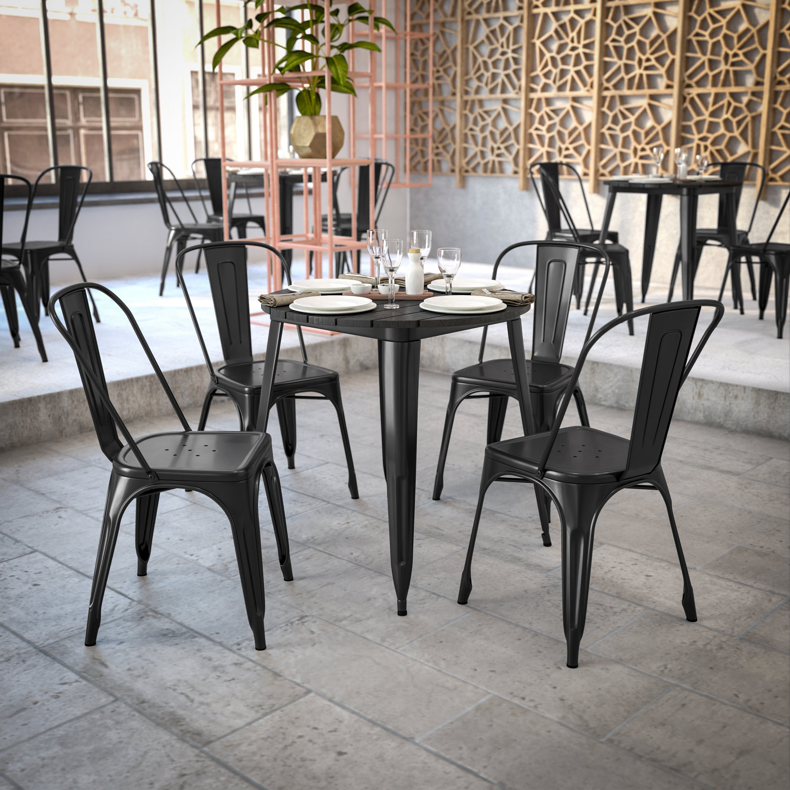 Declan Commercial Grade Indoor/Outdoor Dining Table, 30" Round All Weather Black Poly Resin Top with Black Steel Base